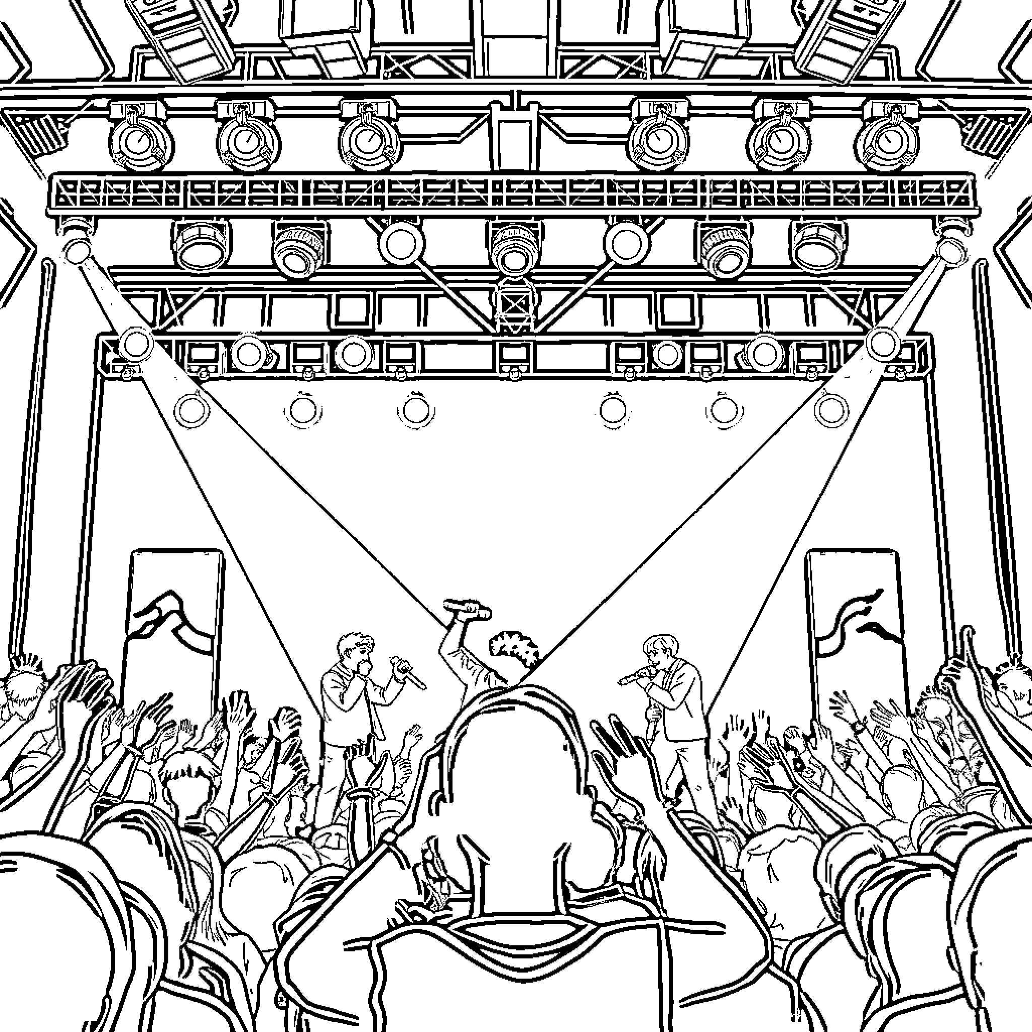 BTS performing on stage with energetic audience Coloring Page (free black-and-white line drawing printable PDF for all, from beginners to advanced learners, including children, teens, adults, and seniors)
