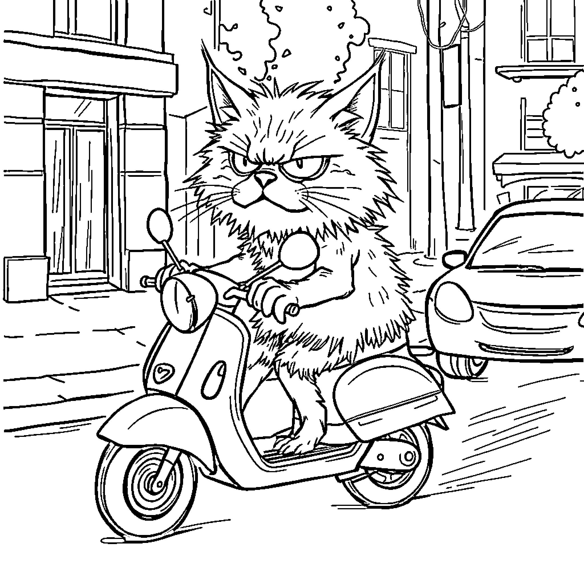 Cat riding scooter on city street Coloring Page (free black-and-white line drawing printable PDF for all, from beginners to advanced learners, including children, teens, adults, and seniors)