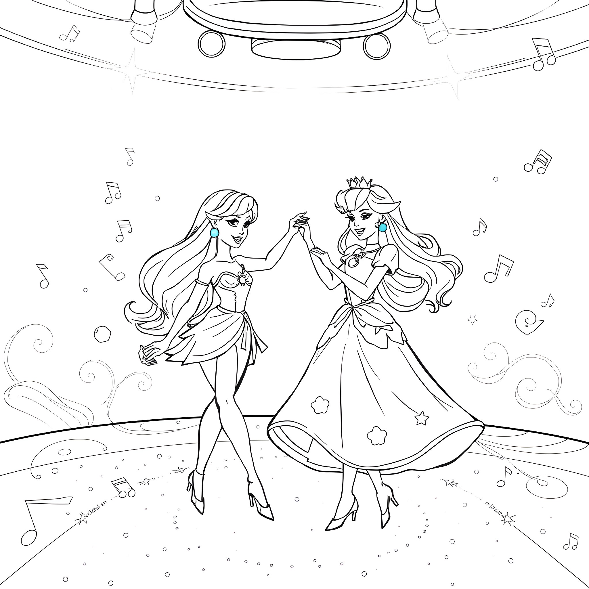 Barbie dolls dancing joyfully at a party Coloring Page (free black-and-white line drawing printable PDF for all, from beginners to advanced learners, including children, teens, adults, and seniors)