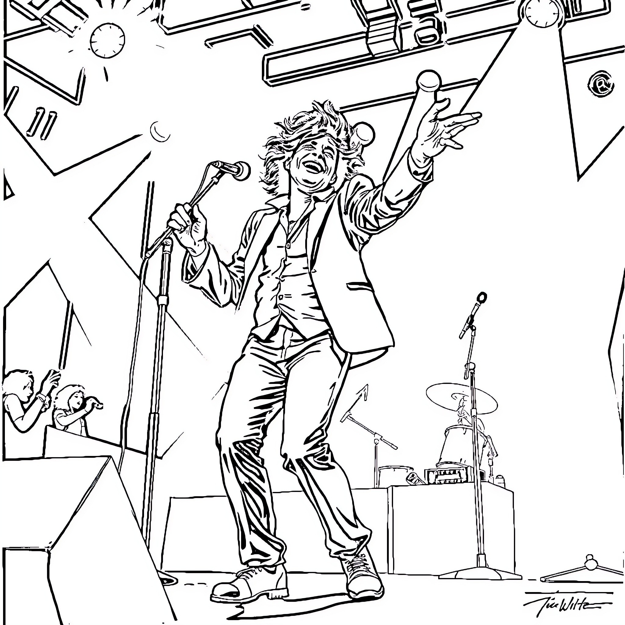Jack White Performing Energetically on Stage Coloring Page (free black-and-white line drawing printable PDF for all, from beginners to advanced learners, including children, teens, adults, and seniors)