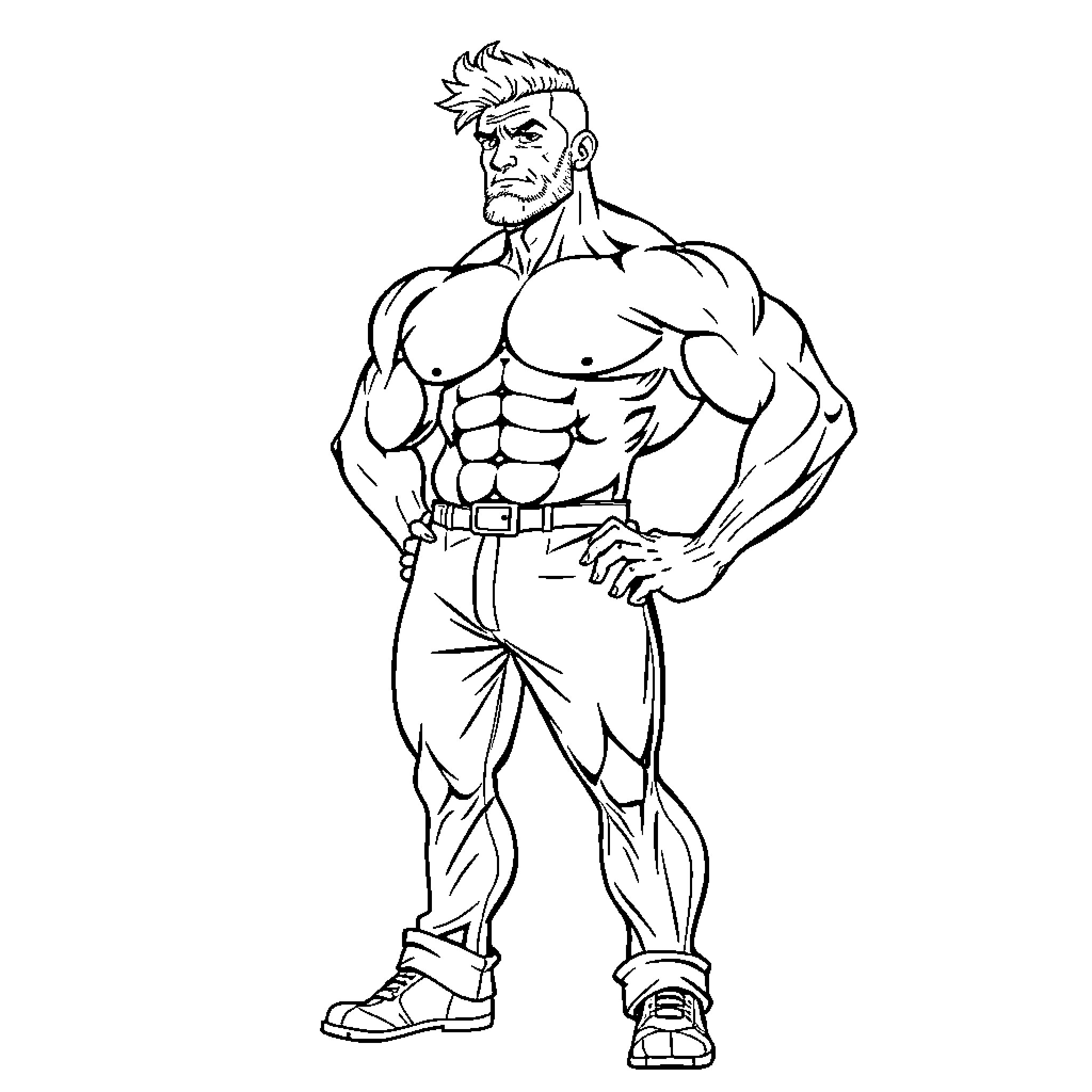 Muscle Man in Powerful Pose Coloring Page (free black-and-white line drawing printable PDF for all, from beginners to advanced learners, including children, teens, adults, and seniors)