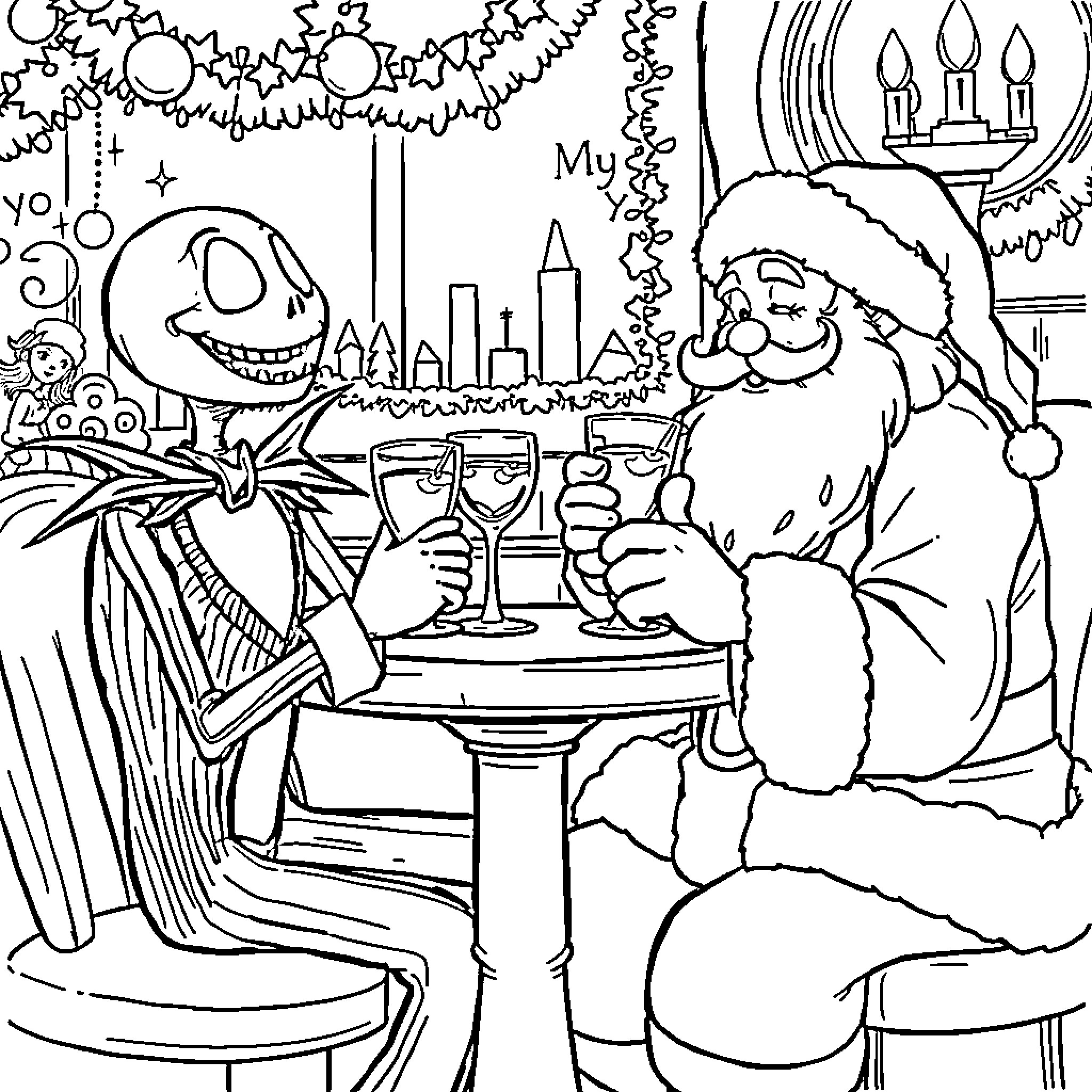 Jack Skeleton celebrating Christmas with Santa Claus Coloring Page (free black-and-white line drawing printable PDF for all, from beginners to advanced learners, including children, teens, adults, and seniors)