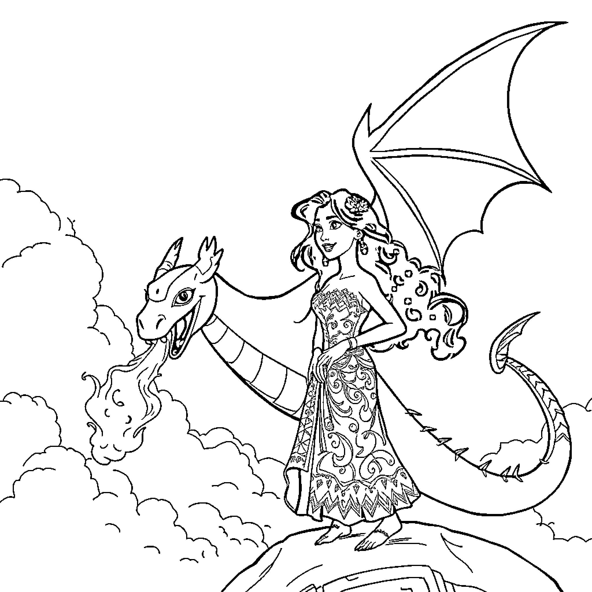 Vaiana riding a fantastical dragon in the clouds Coloring Page (free black-and-white line drawing printable PDF for all, from beginners to advanced learners, including children, teens, adults, and seniors)