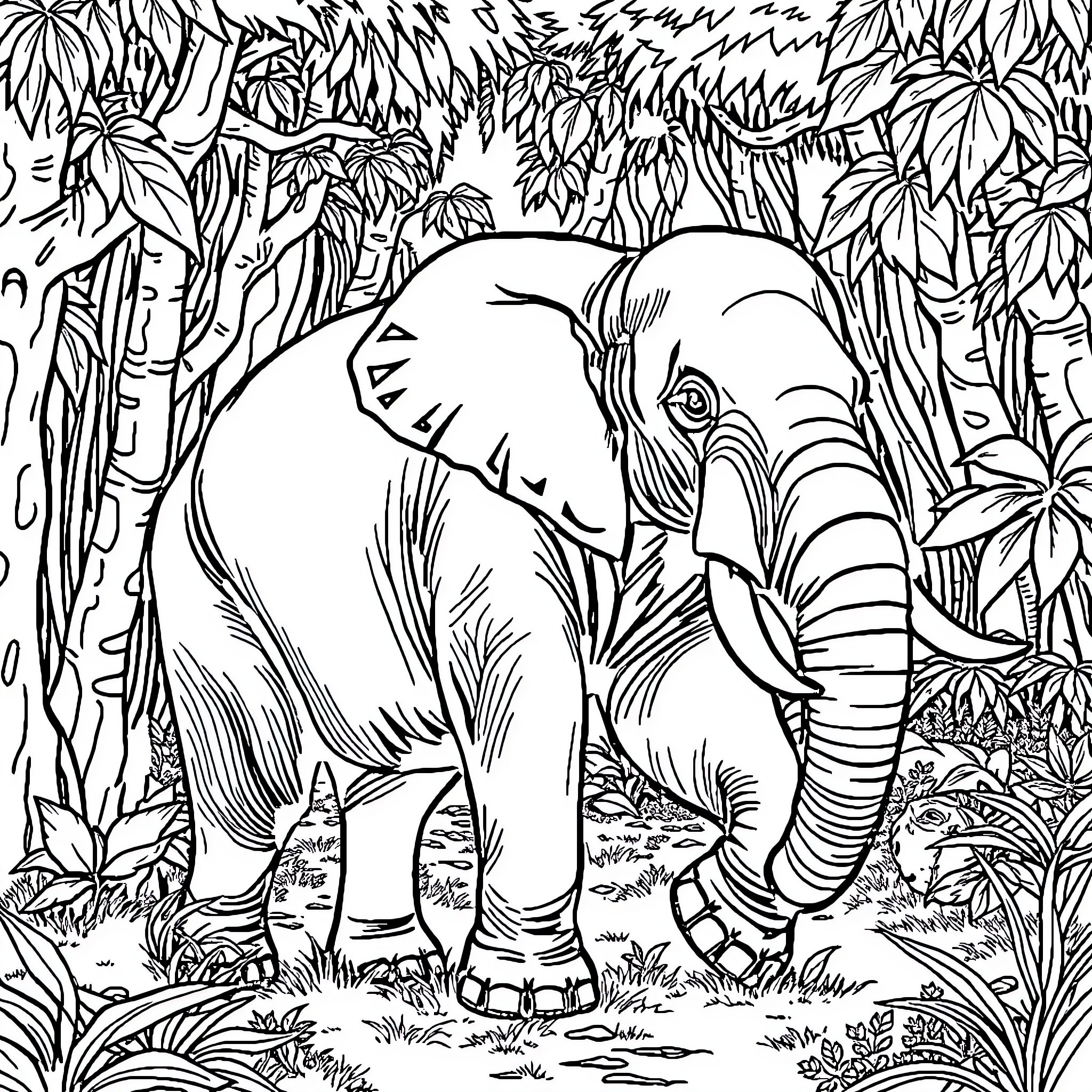 Elephant exploring dense jungle foliage Coloring Page (free black-and-white line drawing printable PDF for all, from beginners to advanced learners, including children, teens, adults, and seniors)