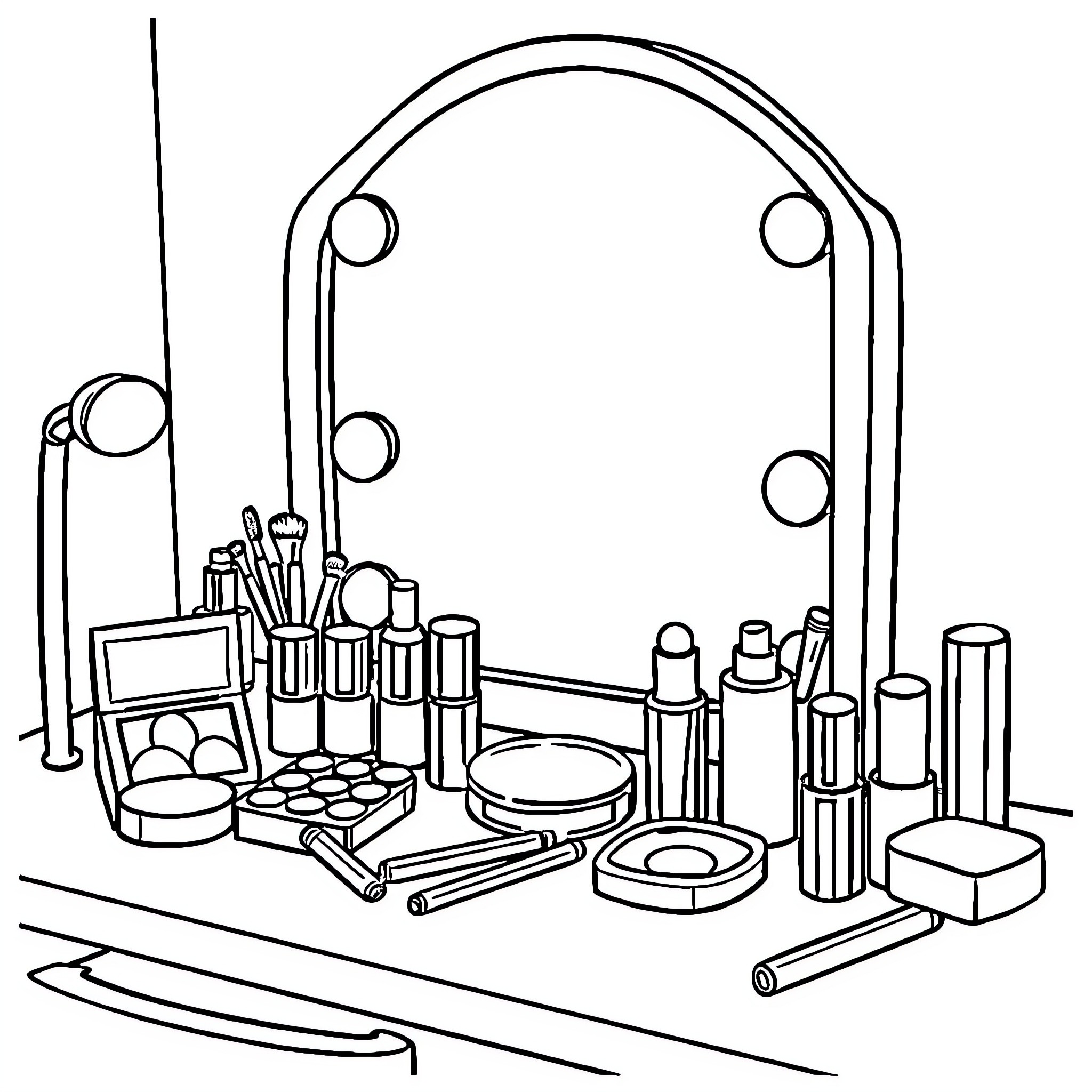 Makeup Products on Vanity Mirror Coloring Page (free black-and-white line drawing printable PDF for all, from beginners to advanced learners, including children, teens, adults, and seniors)