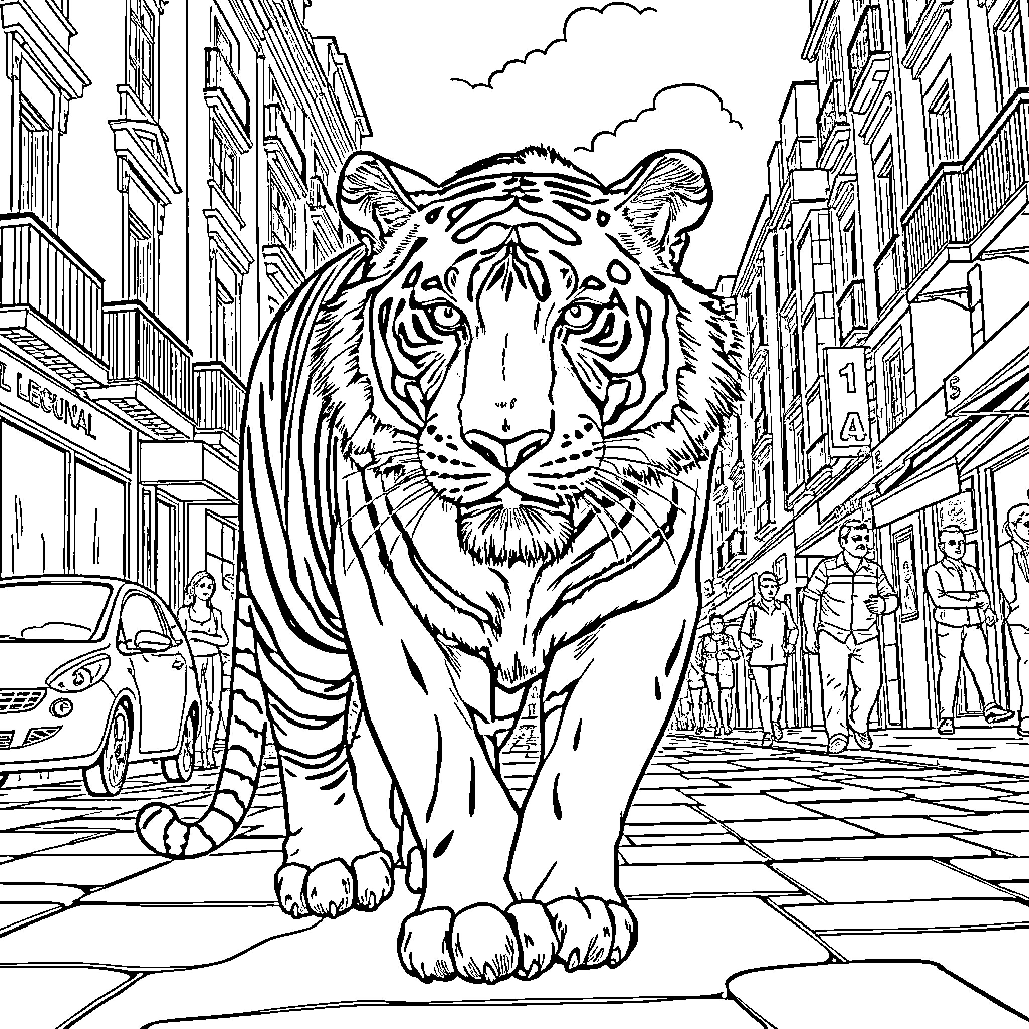 Tiger Stalking Through the City Streets Coloring Page (free black-and-white line drawing printable PDF for all, from beginners to advanced learners, including children, teens, adults, and seniors)