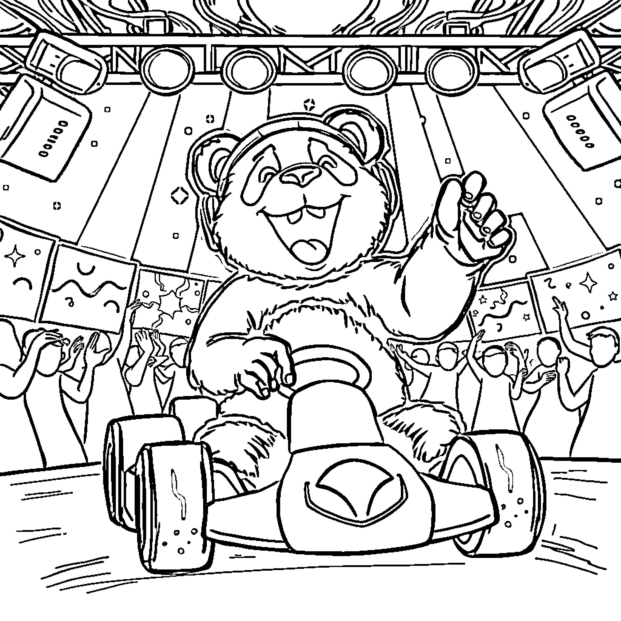 Panda Driving Racecar at Carnival Show Coloring Page (free black-and-white line drawing printable PDF for all, from beginners to advanced learners, including children, teens, adults, and seniors)