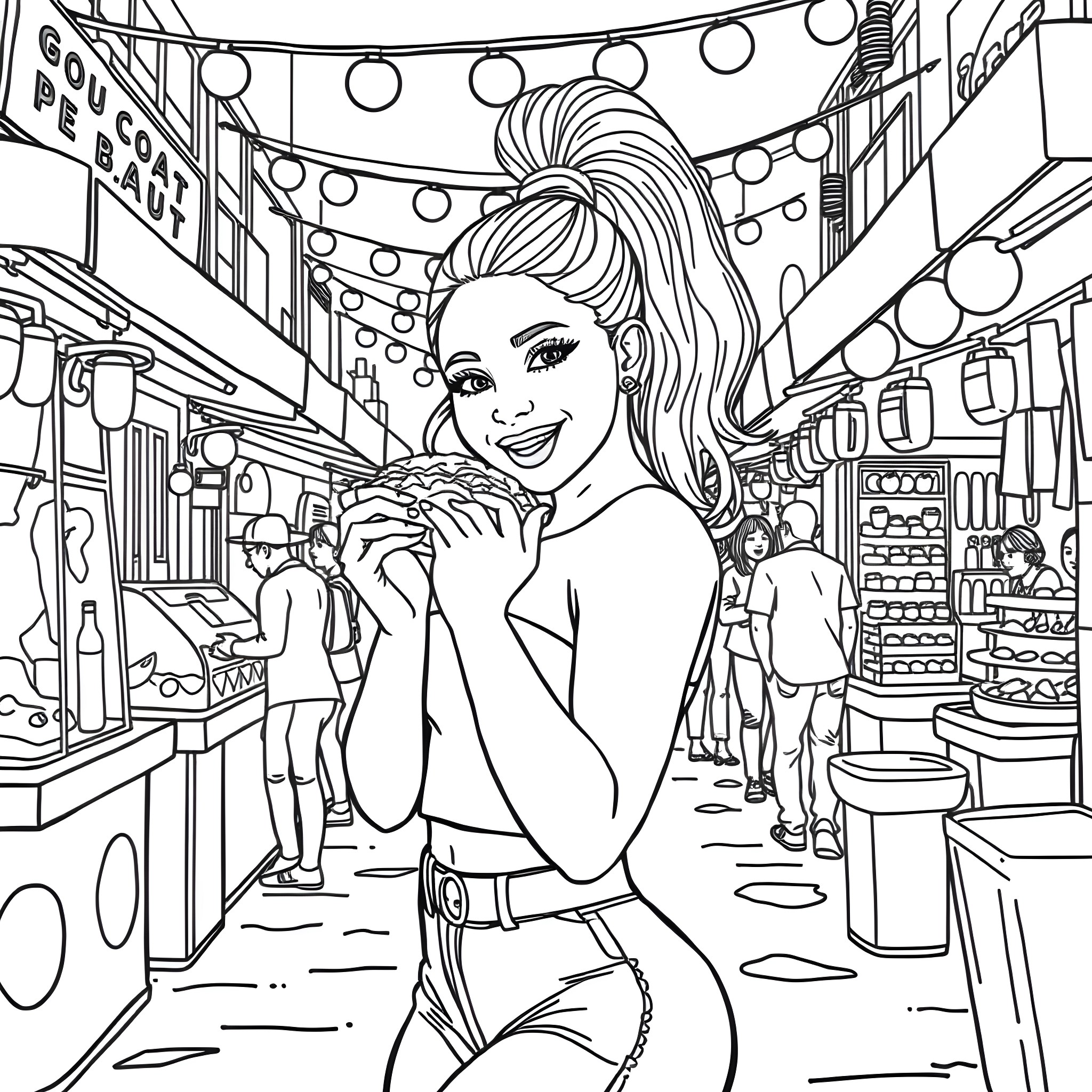 Ariana Grande enjoying a lively street market Coloring Page (free black-and-white line drawing printable PDF for all, from beginners to advanced learners, including children, teens, adults, and seniors)