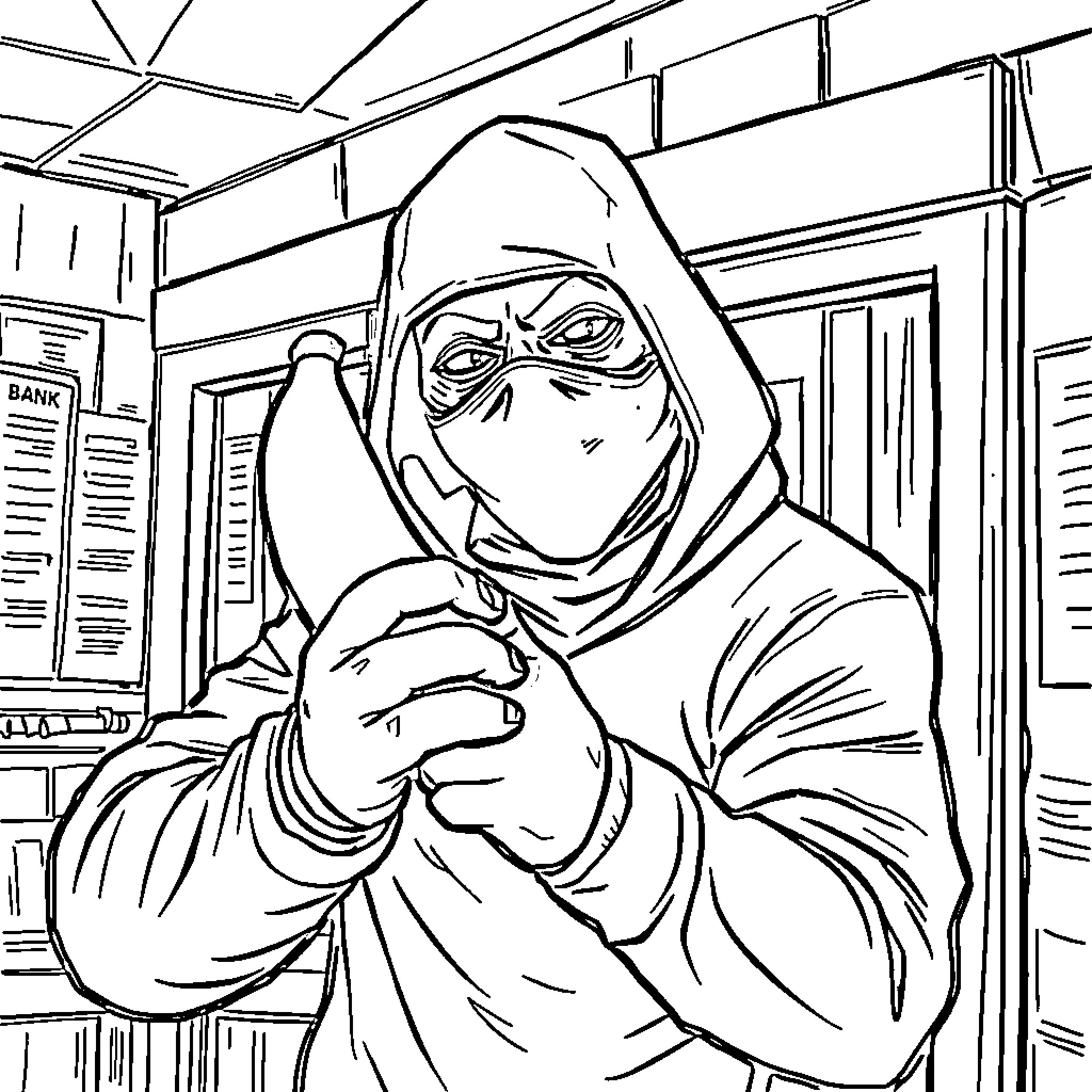 Goon burglar sneaking into a bank Coloring Page (free black-and-white line drawing printable PDF for all, from beginners to advanced learners, including children, teens, adults, and seniors)
