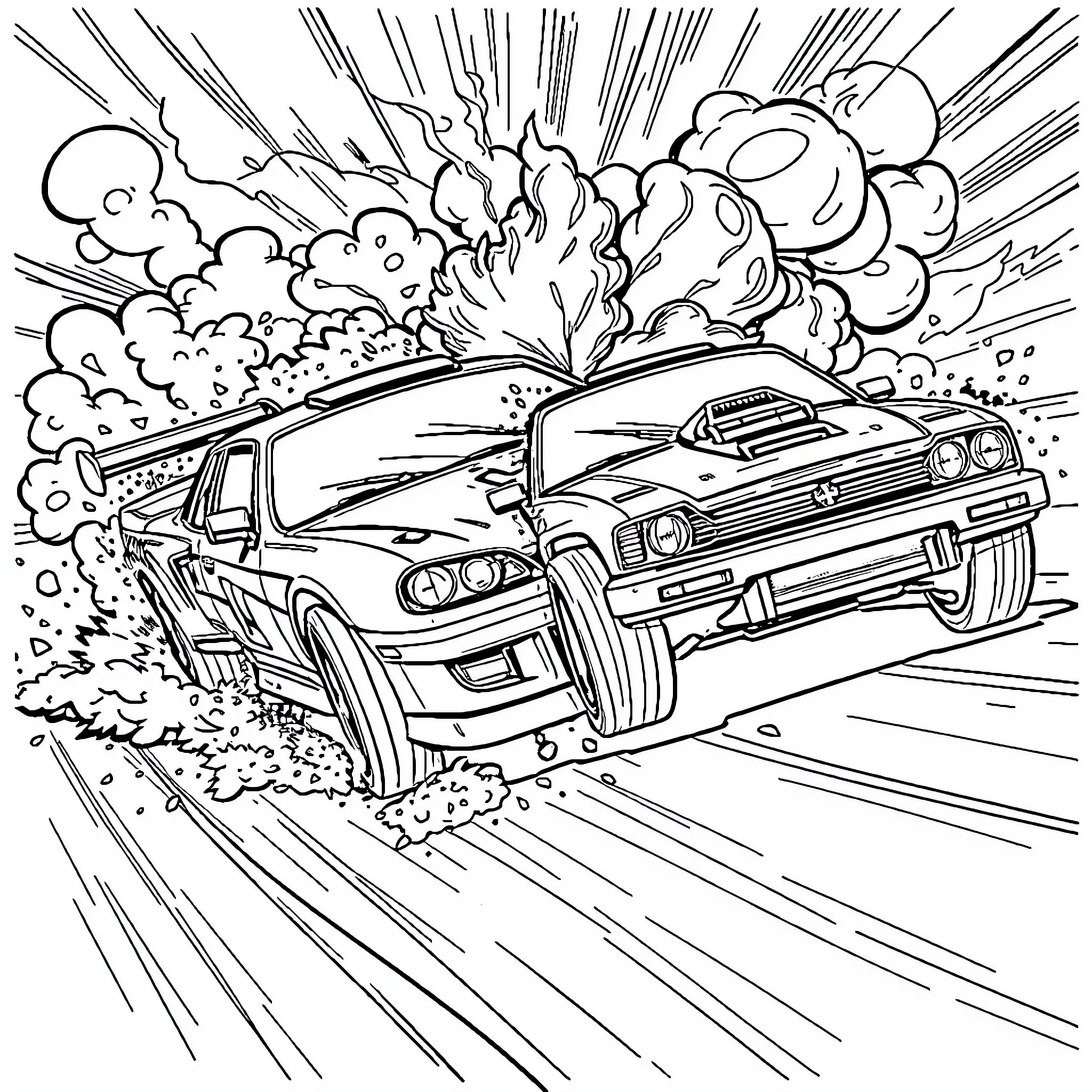 Rally of high-speed car in explosive action Coloring Page (free black-and-white line drawing printable PDF for all, from beginners to advanced learners, including children, teens, adults, and seniors)