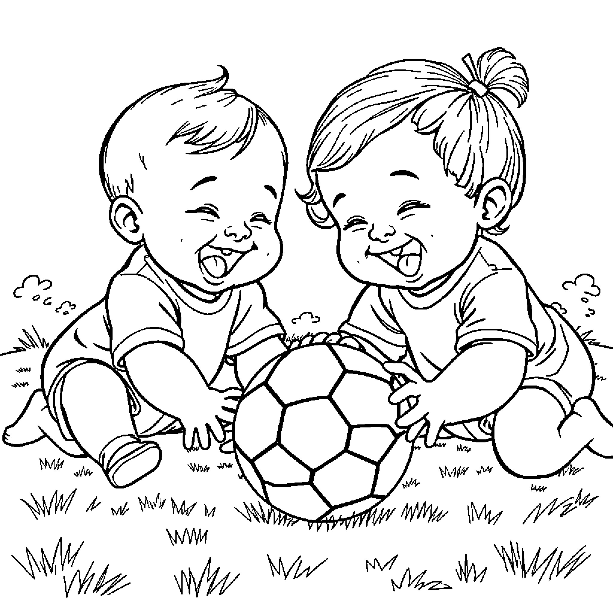 Baby friends playing with soccer ball in the park Coloring Page (free black-and-white line drawing printable PDF for all, from beginners to advanced learners, including children, teens, adults, and seniors)