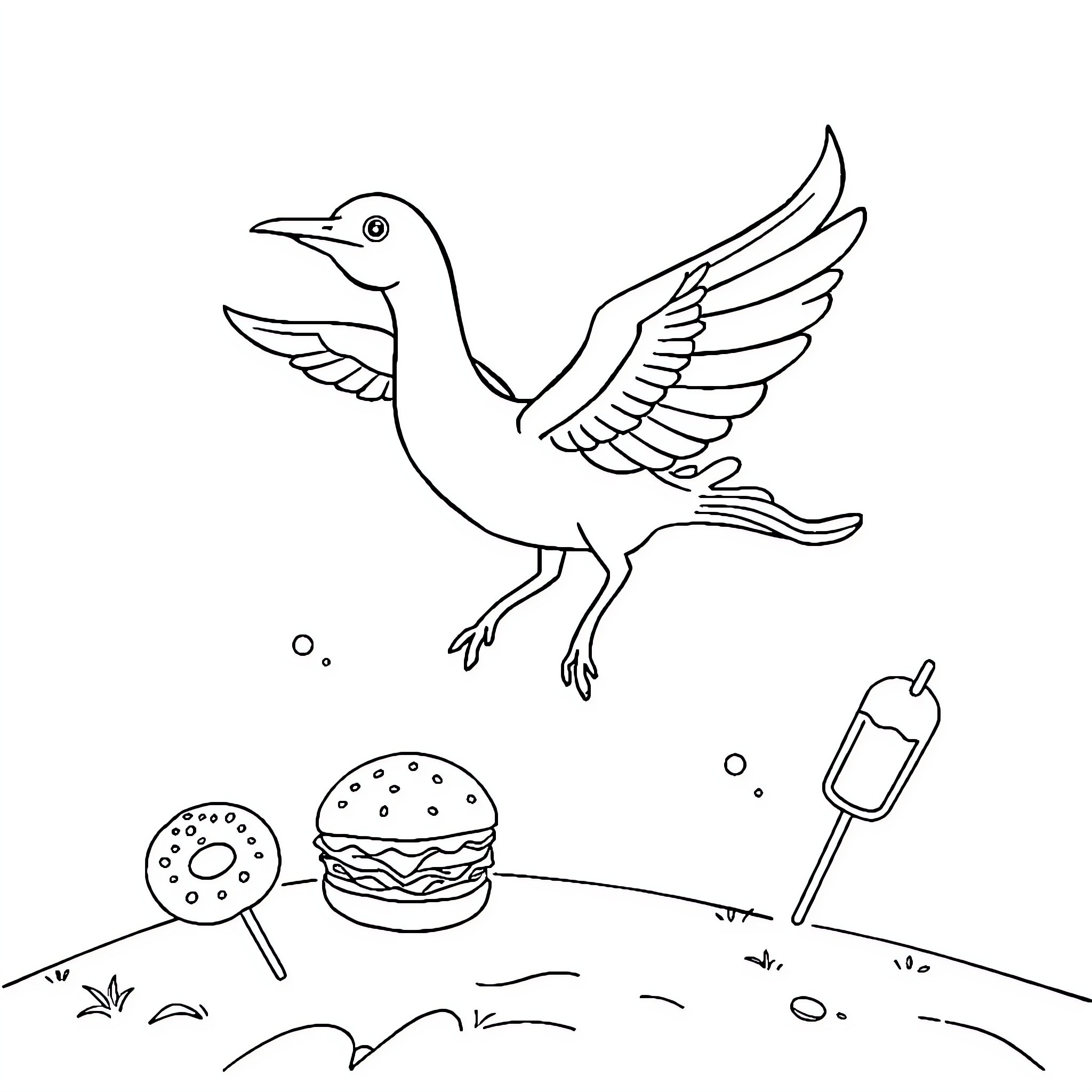 Unicorn bird flying over delicious treats Coloring Page (free black-and-white line drawing printable PDF for all, from beginners to advanced learners, including children, teens, adults, and seniors)