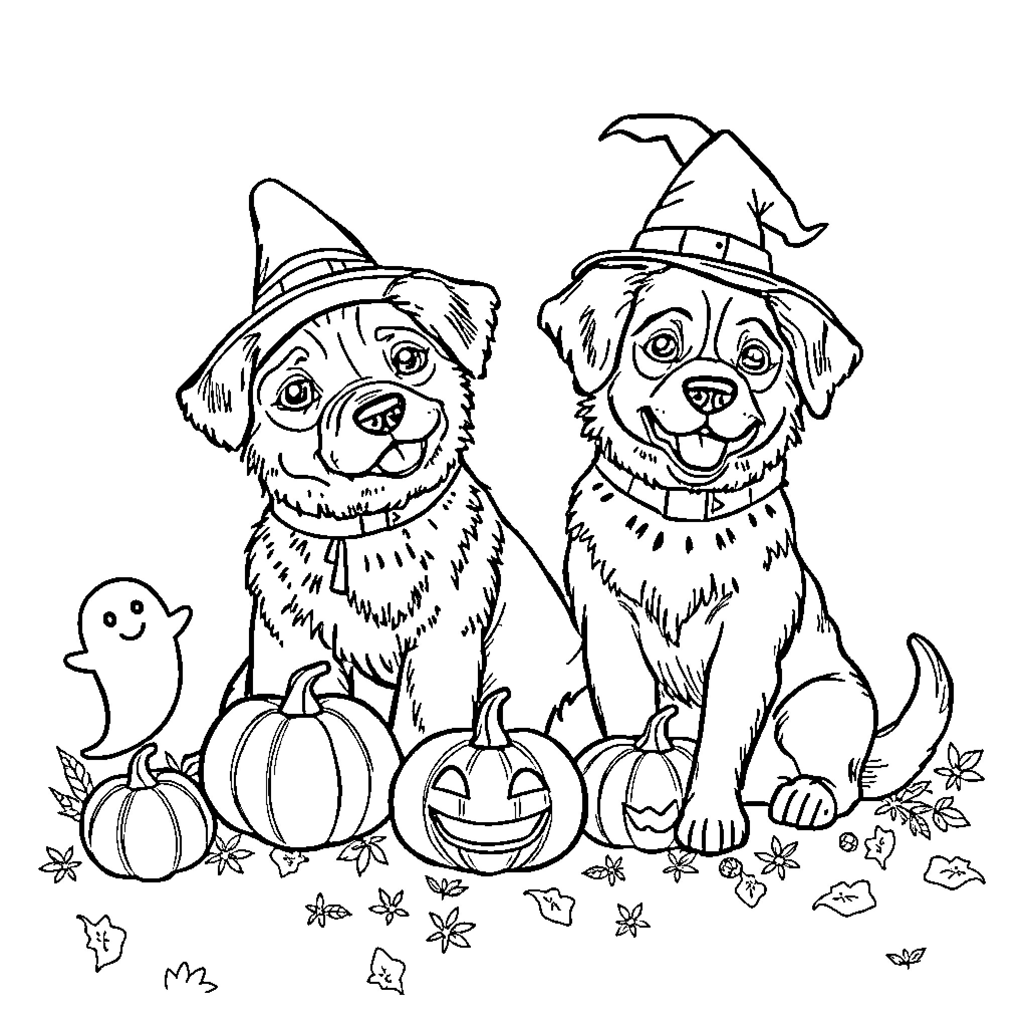Dogs in Halloween costumes with pumpkins and ghost Coloring Page (free black-and-white line drawing printable PDF for all, from beginners to advanced learners, including children, teens, adults, and seniors)