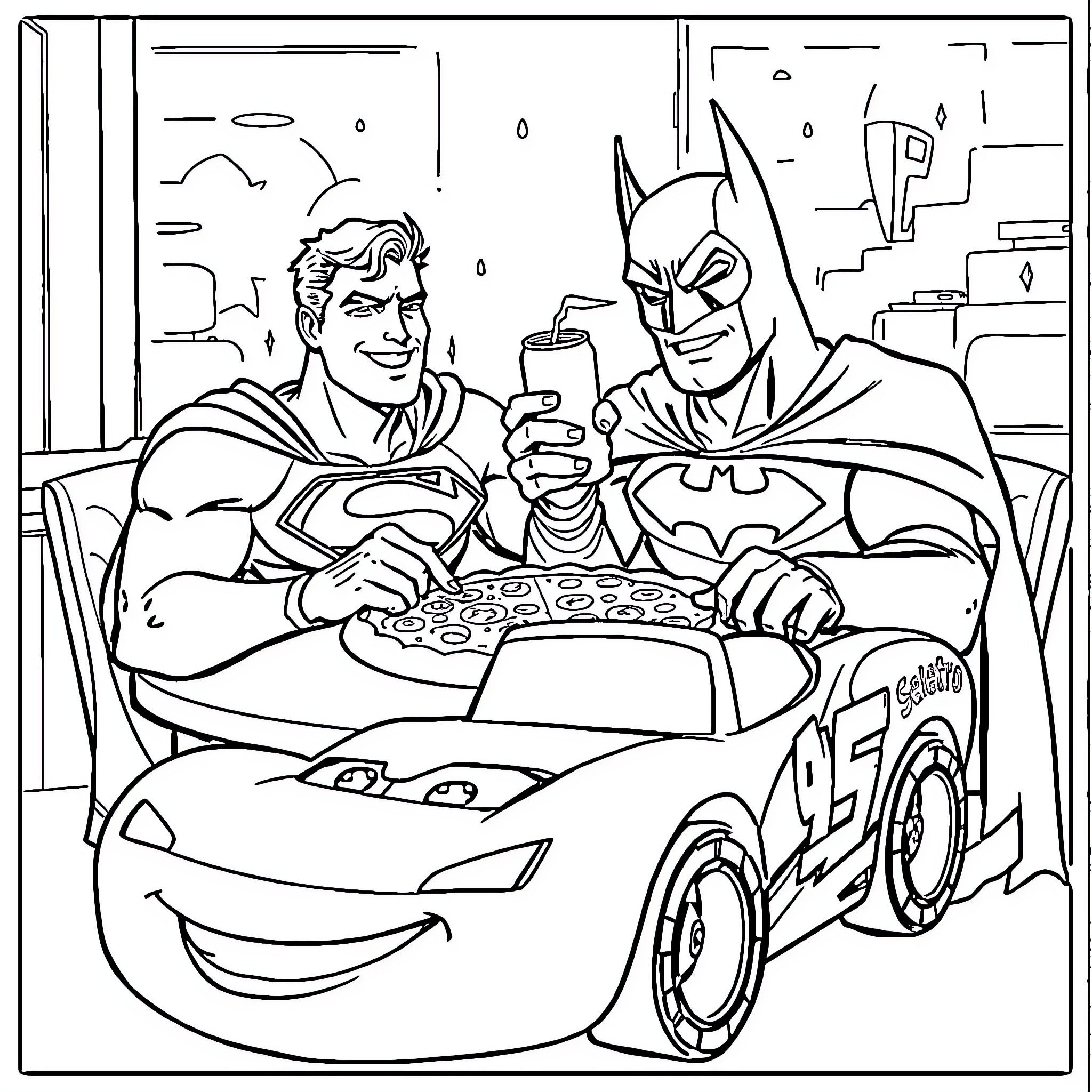 Superman and Batman sharing a pizza in a fast car Coloring Page (free black-and-white line drawing printable PDF for all, from beginners to advanced learners, including children, teens, adults, and seniors)