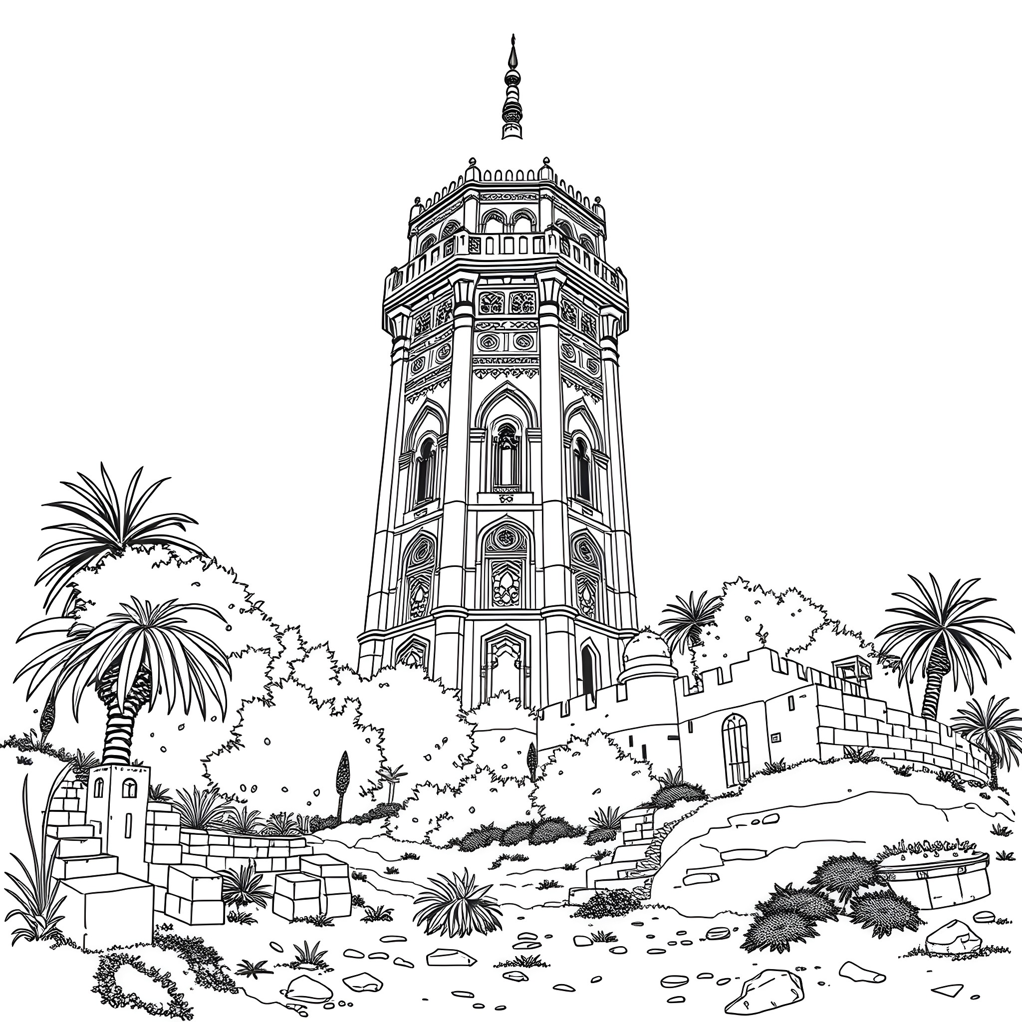 Tower Surrounded by Lush Greenery in a Scenic Landscape Coloring Page (free black-and-white line drawing printable PDF for all, from beginners to advanced learners, including children, teens, adults, and seniors)
