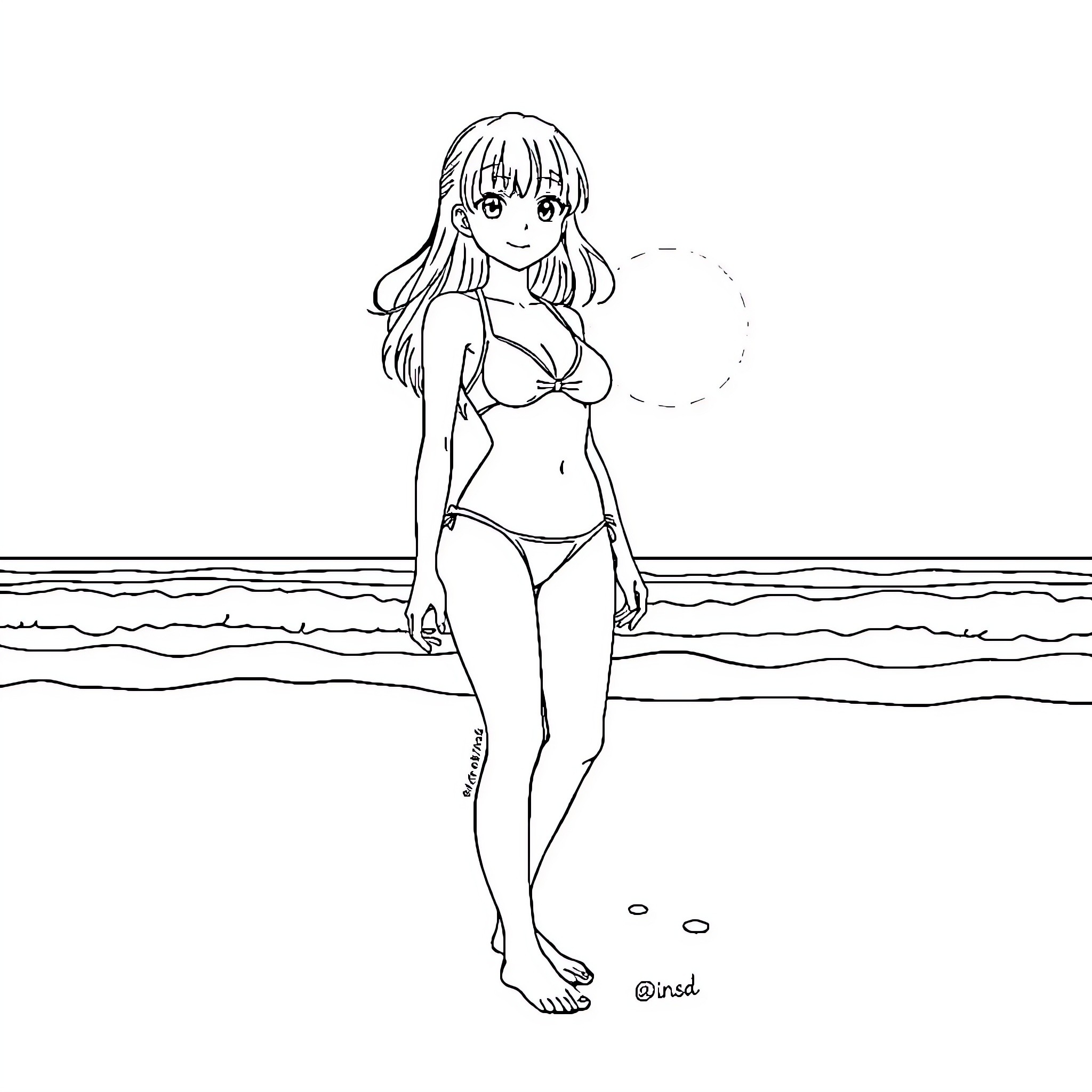 Hinata Hyuga relaxing on the beach Coloring Page (free black-and-white line drawing printable PDF for all, from beginners to advanced learners, including children, teens, adults, and seniors)