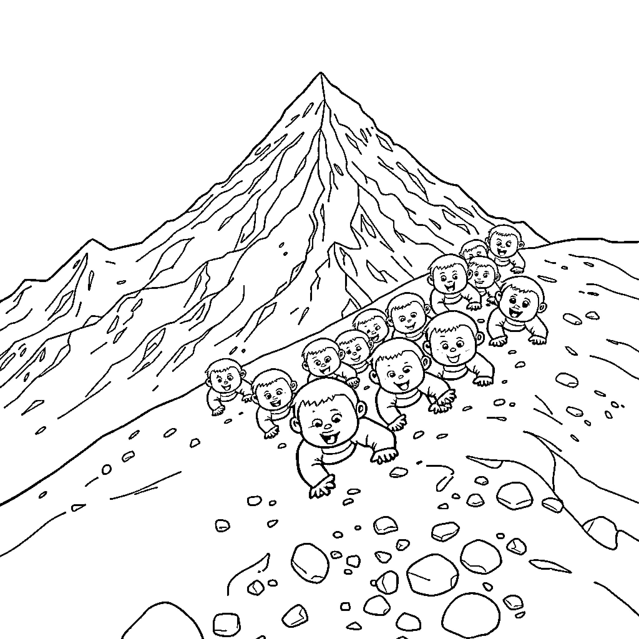 Baby mountain climbers exploring rocky terrain Coloring Page (free black-and-white line drawing printable PDF for all, from beginners to advanced learners, including children, teens, adults, and seniors)