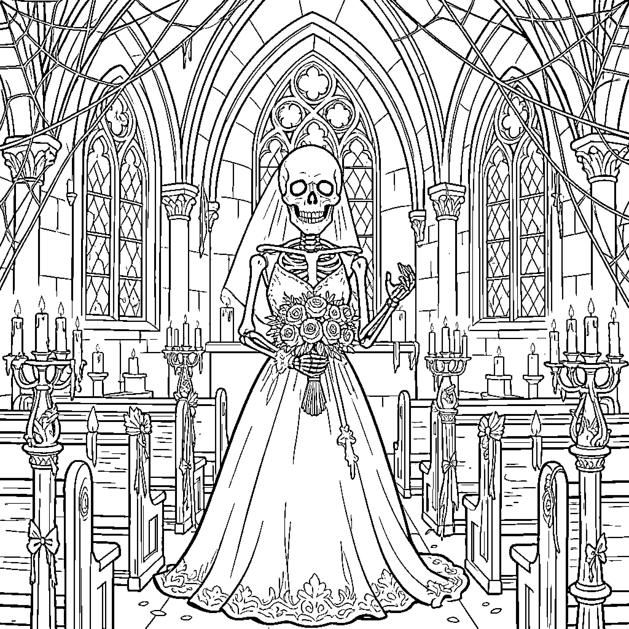 Skeleton Bride in Gothic Cathedral Coloring Page (free black-and-white line drawing printable PDF for all, from beginners to advanced learners, including children, teens, adults, and seniors)