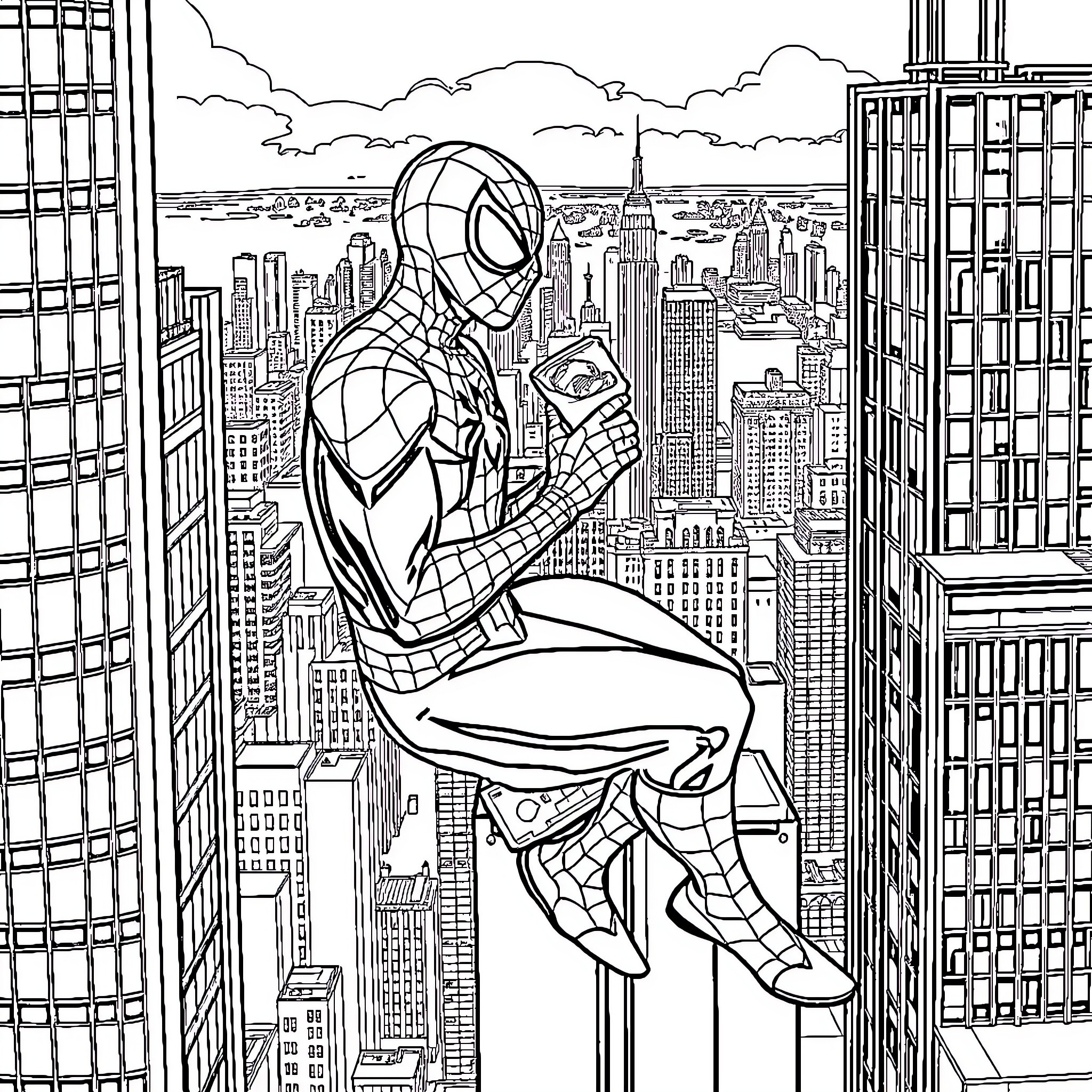 Spiderman perched atop a city skyline Coloring Page (free black-and-white line drawing printable PDF for all, from beginners to advanced learners, including children, teens, adults, and seniors)