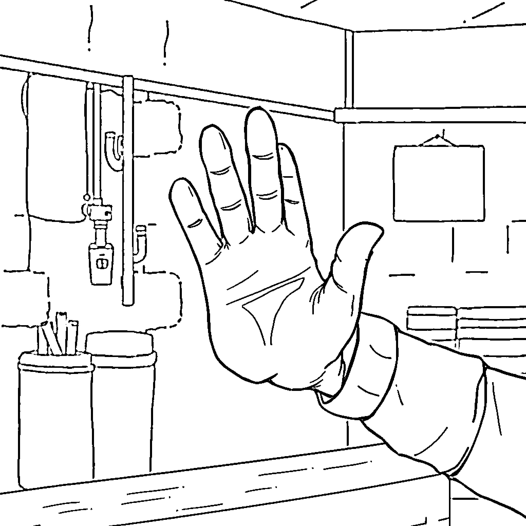 Hand reaching out in a workshop setting Coloring Page (free black-and-white line drawing printable PDF for all, from beginners to advanced learners, including children, teens, adults, and seniors)
