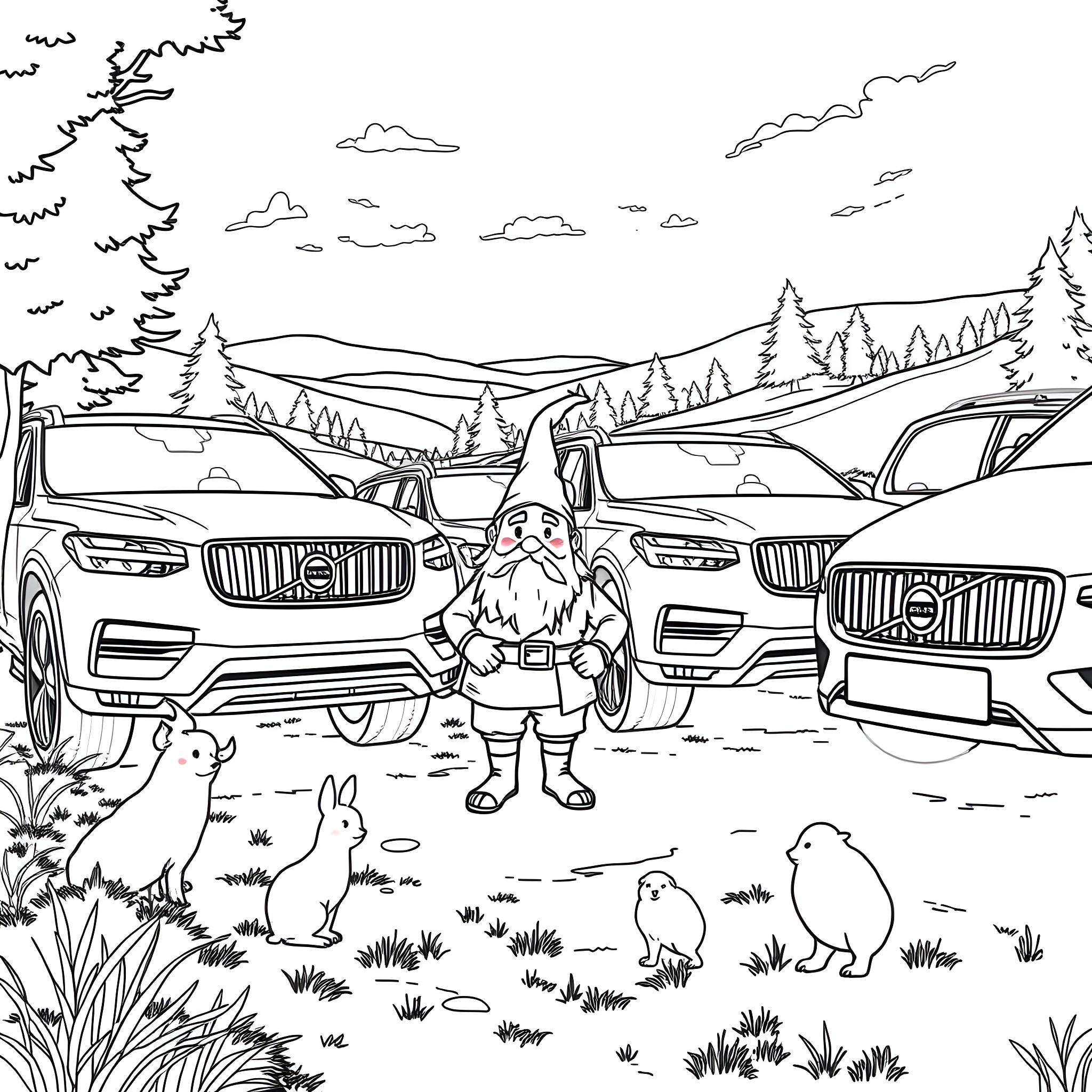 Hobbit exploring the forest with magical vehicles Coloring Page (free black-and-white line drawing printable PDF for all, from beginners to advanced learners, including children, teens, adults, and seniors)