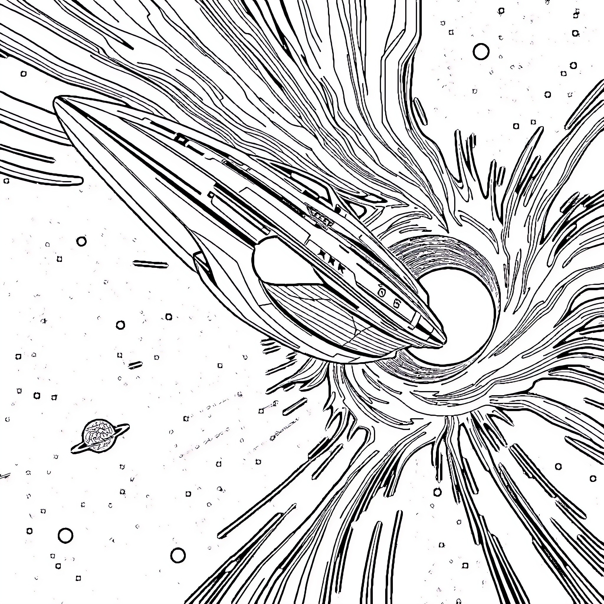Space Ship Soaring Through Cosmic Chaos Coloring Page (free black-and-white line drawing printable PDF for all, from beginners to advanced learners, including children, teens, adults, and seniors)