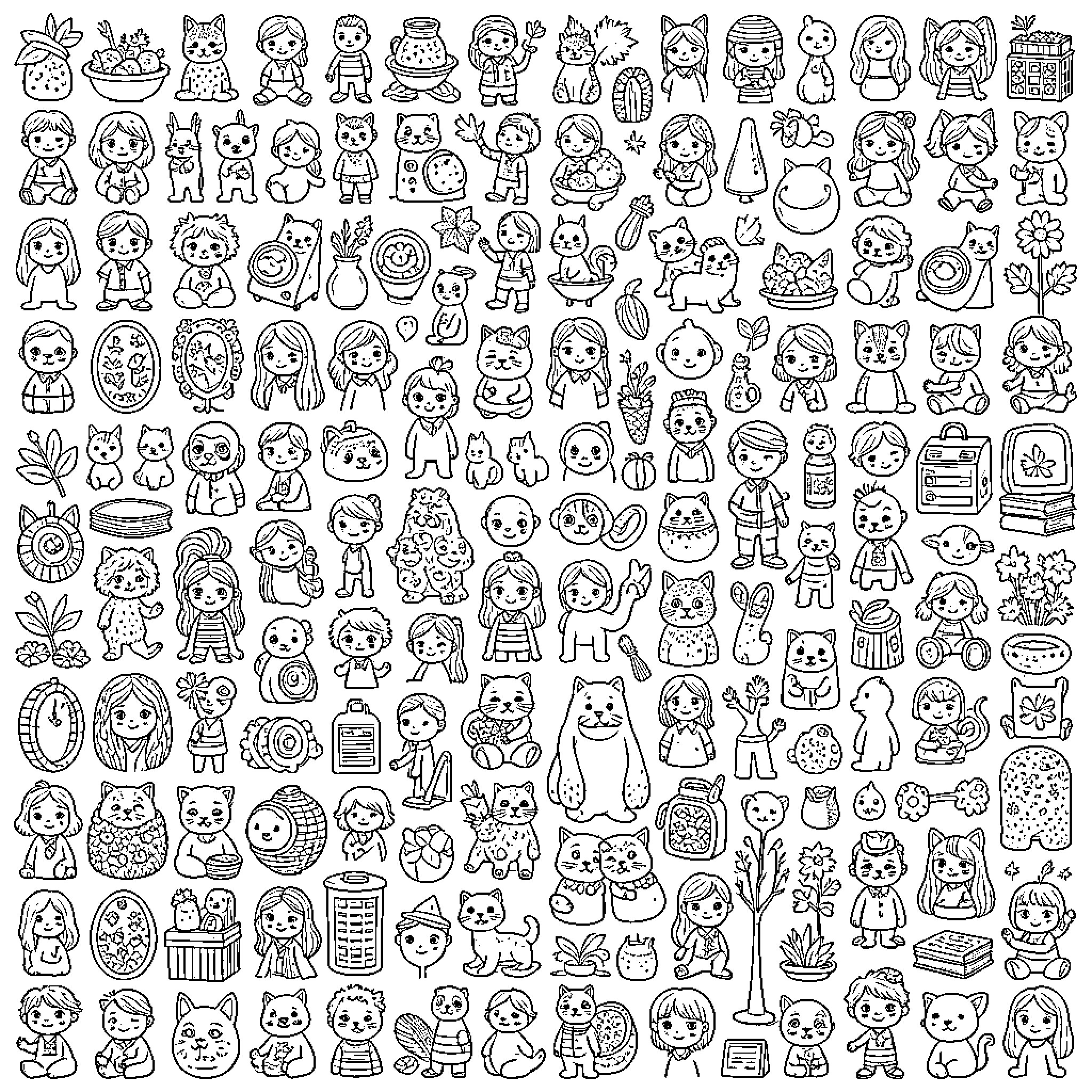 Dibujo de personajes y elementos decorativos kawaii Coloring Page (free black-and-white line drawing printable PDF for all, from beginners to advanced learners, including children, teens, adults, and seniors)