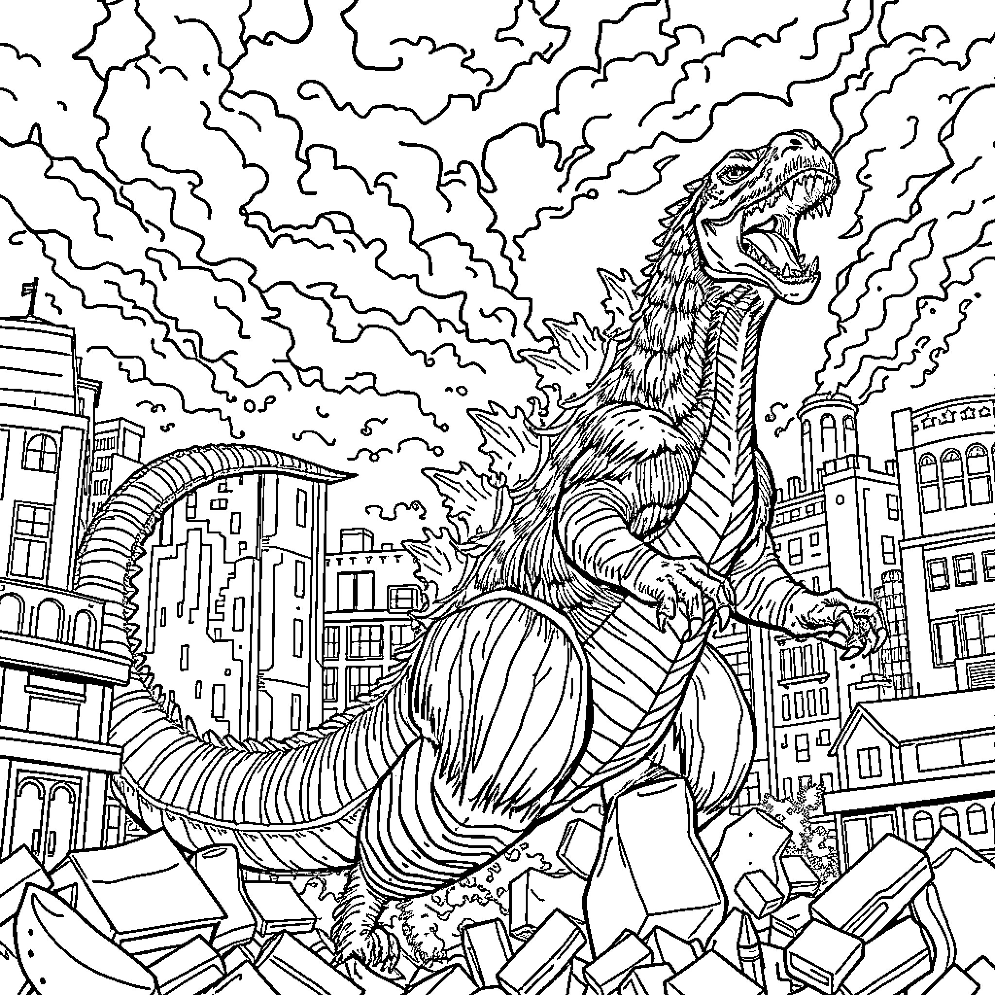 Dragon Rampaging Through Cityscape Ruins Coloring Page (free black-and-white line drawing printable PDF for all, from beginners to advanced learners, including children, teens, adults, and seniors)