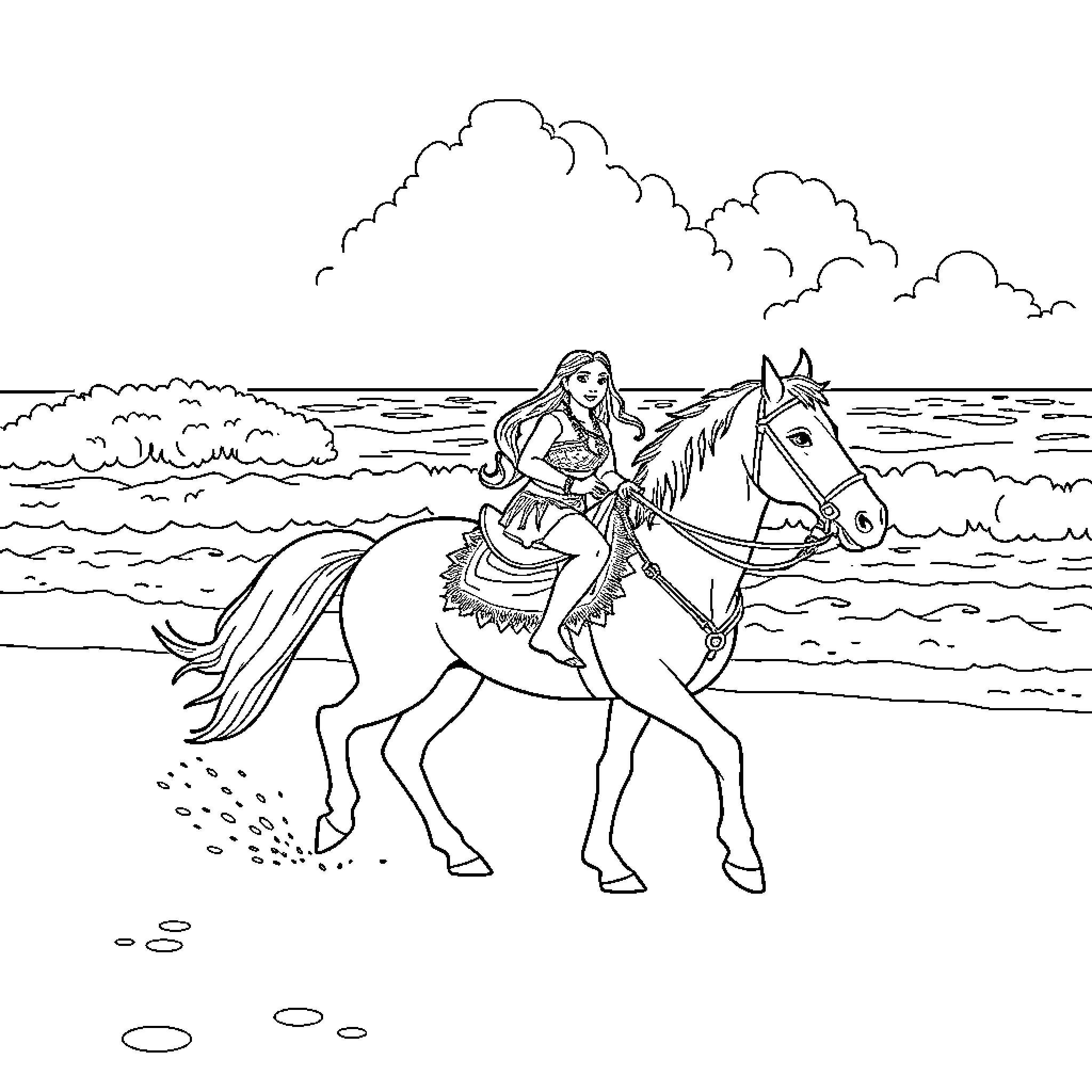 Moana riding her horse on the beach Coloring Page (free black-and-white line drawing printable PDF for all, from beginners to advanced learners, including children, teens, adults, and seniors)