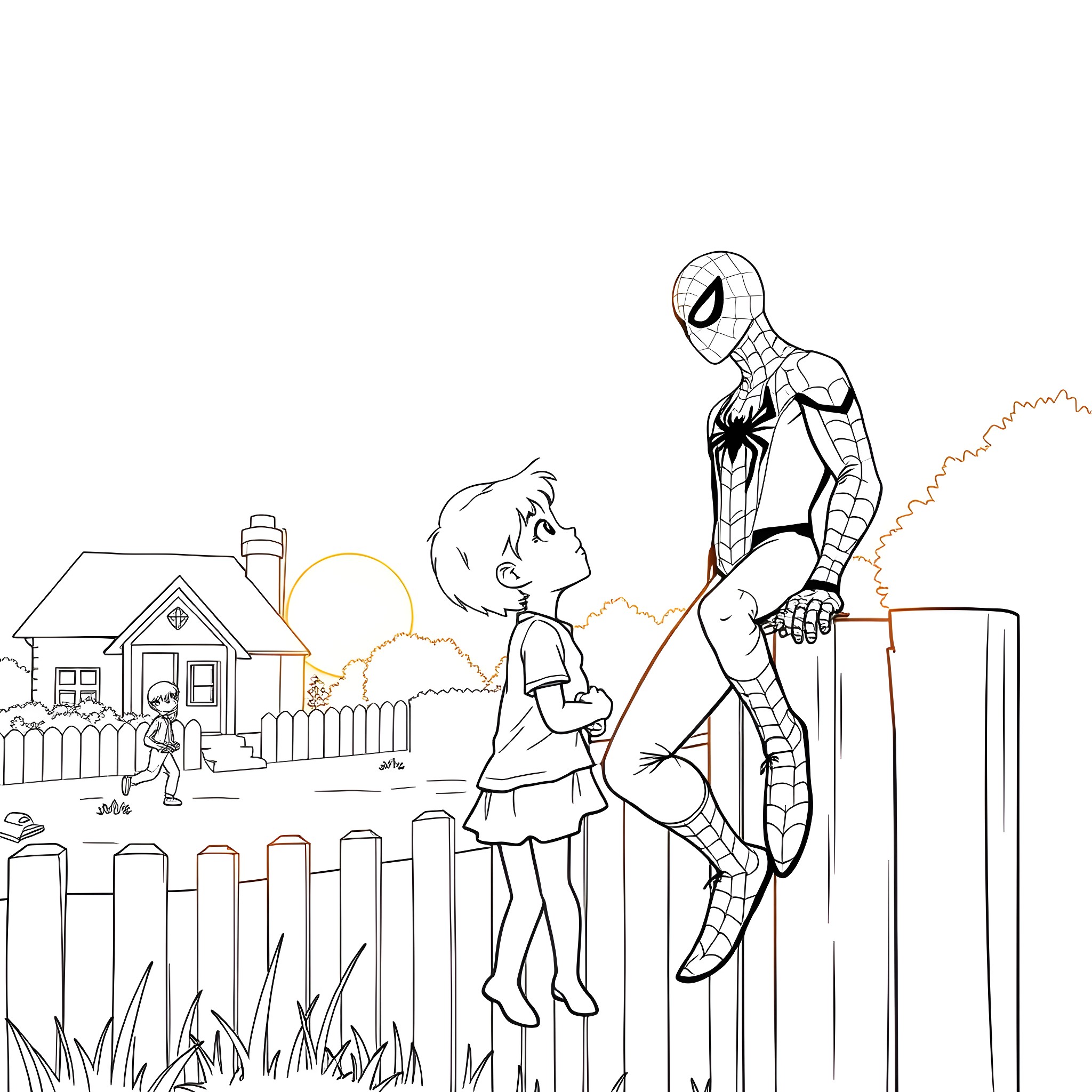 Spiderman helping a child over the fence Coloring Page (free black-and-white line drawing printable PDF for all, from beginners to advanced learners, including children, teens, adults, and seniors)