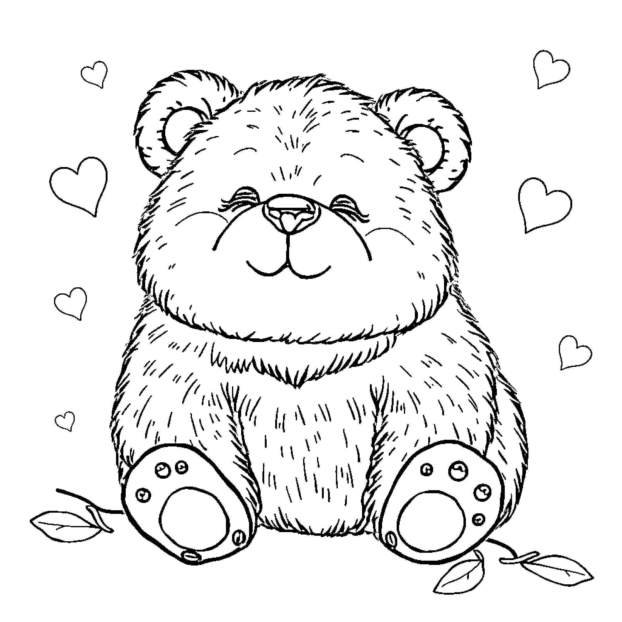 Bear happily surrounded by hearts Coloring Page (free black-and-white line drawing printable PDF for all, from beginners to advanced learners, including children, teens, adults, and seniors)
