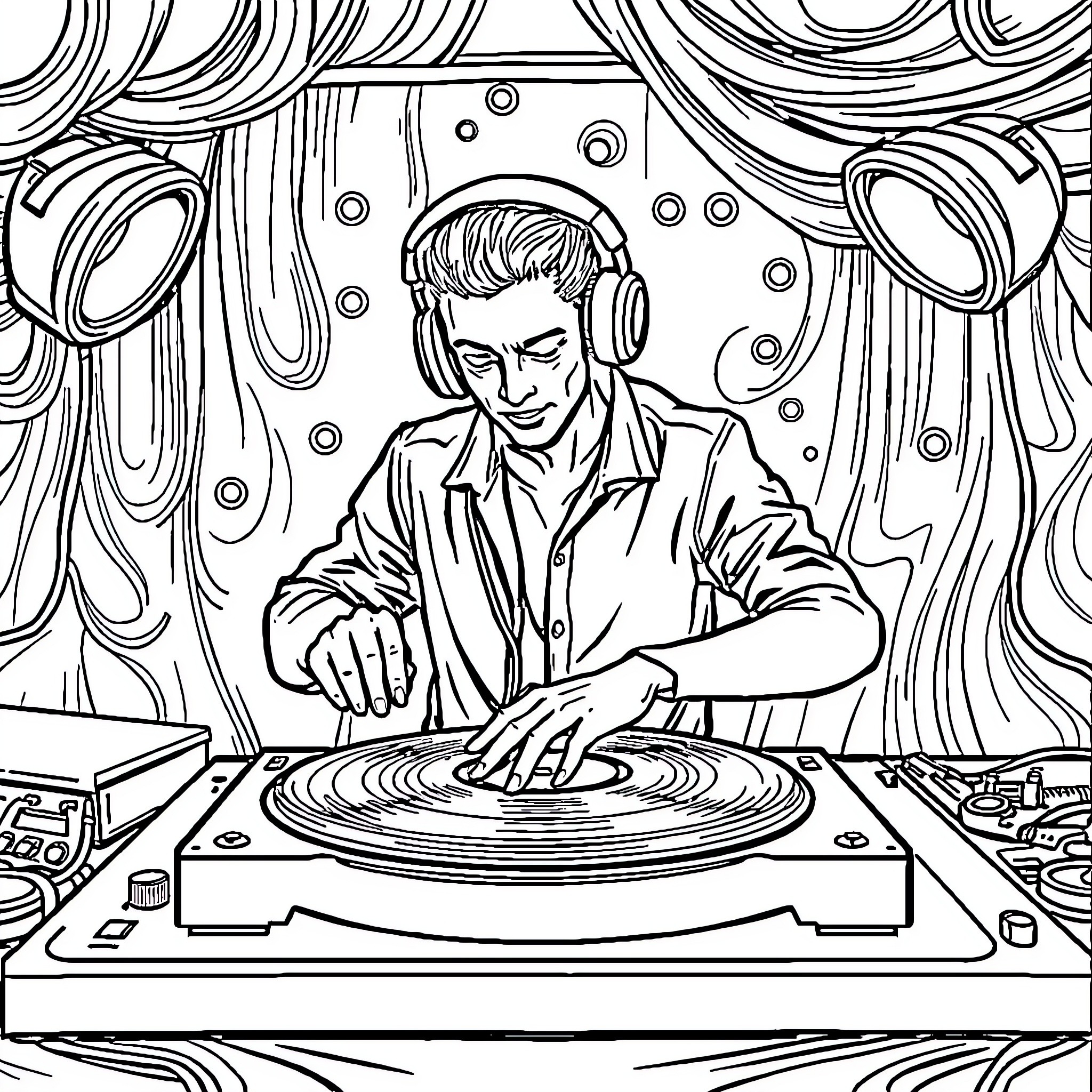 DJ Mixing Tunes with Passion and Flair Coloring Page (free black-and-white line drawing printable PDF for all, from beginners to advanced learners, including children, teens, adults, and seniors)