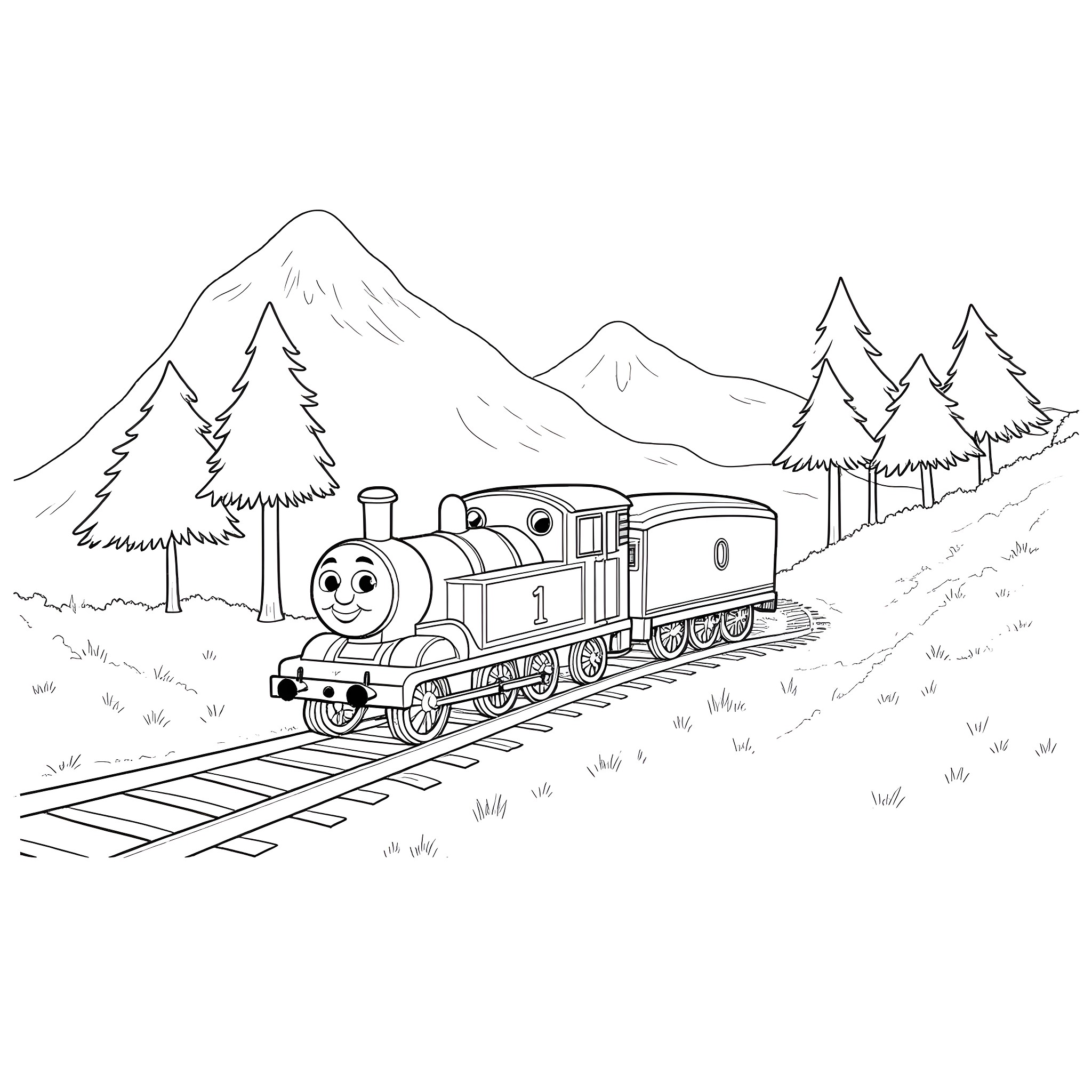 Thomas the Tank Engine Exploring the Mountain Landscape Coloring Page (free black-and-white line drawing printable PDF for all, from beginners to advanced learners, including children, teens, adults, and seniors)