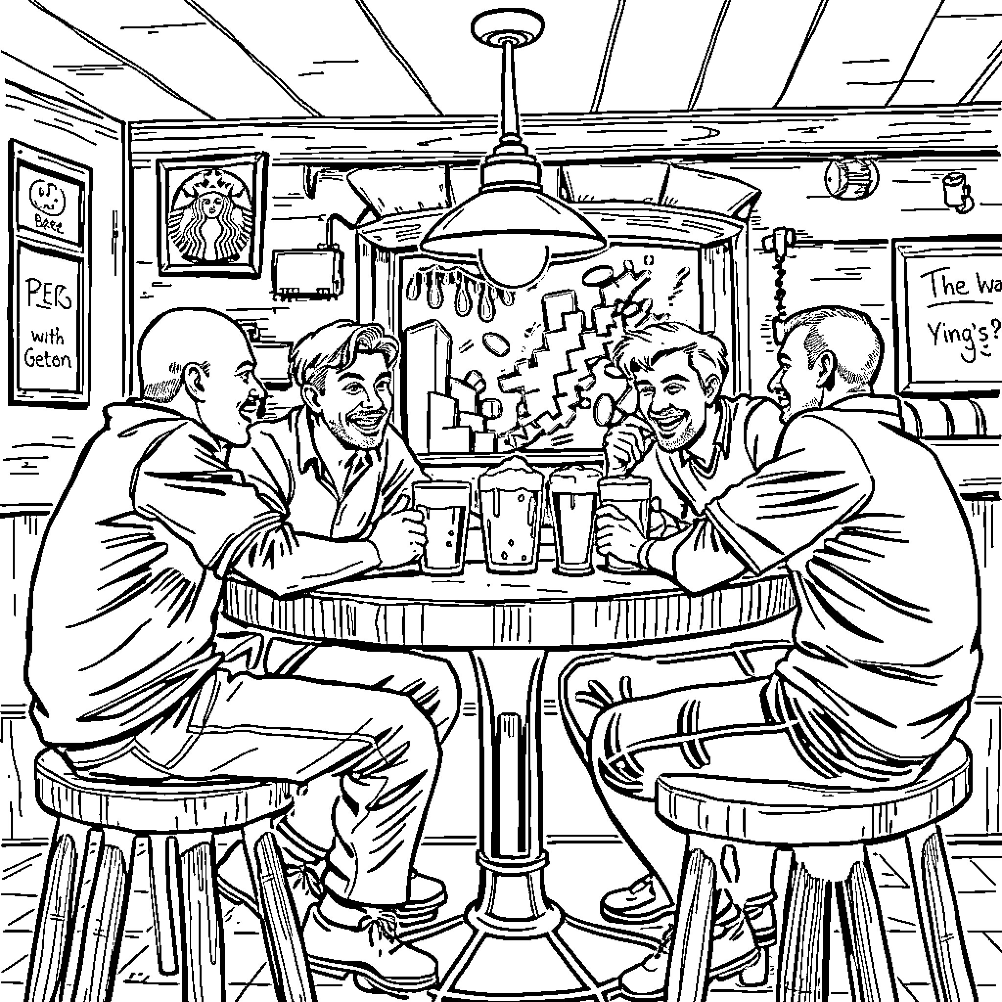 Beer friends enjoying drinks and conversation at the pub Coloring Page (free black-and-white line drawing printable PDF for all, from beginners to advanced learners, including children, teens, adults, and seniors)