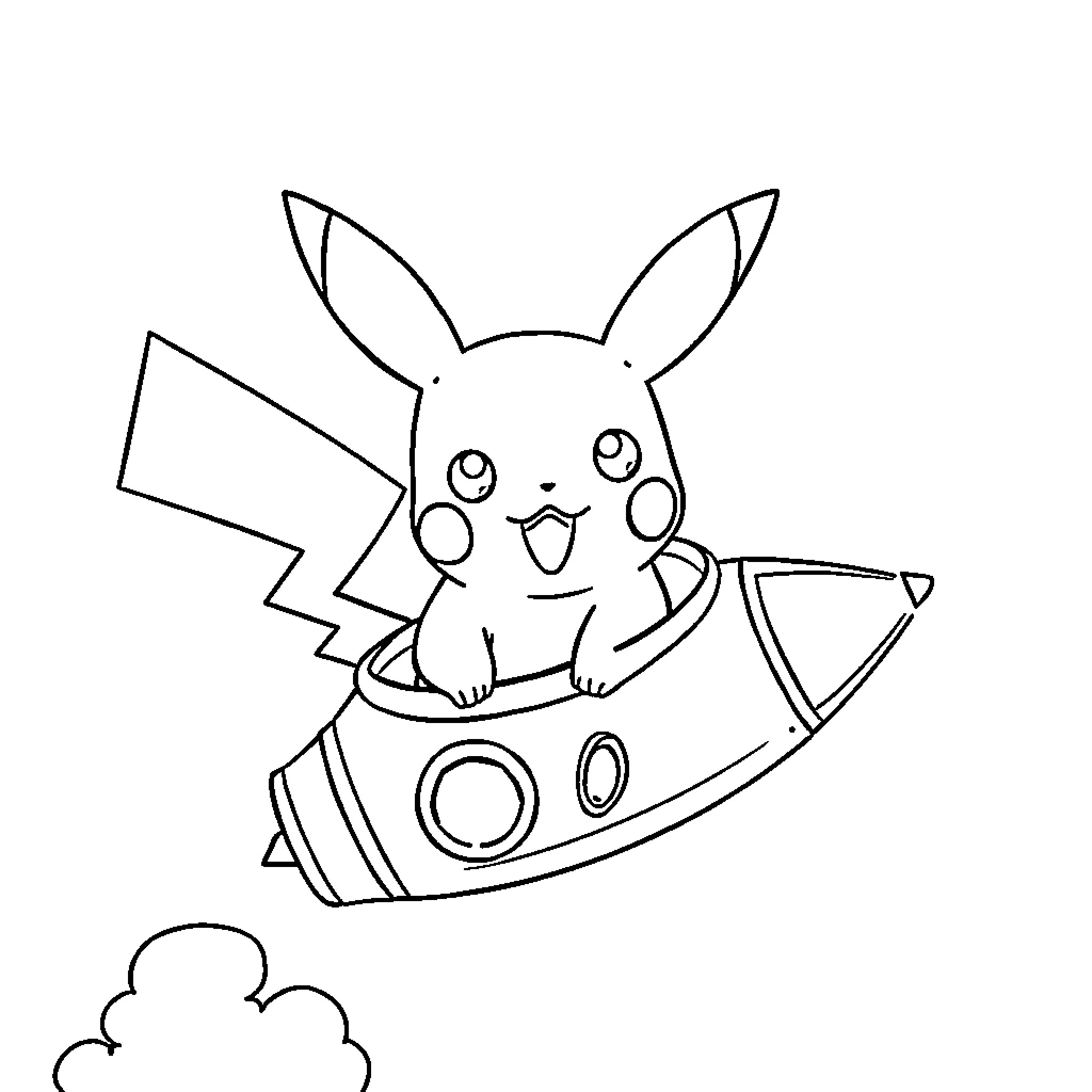 Pikachu riding a rocket ship in the sky Coloring Page (free black-and-white line drawing printable PDF for all, from beginners to advanced learners, including children, teens, adults, and seniors)