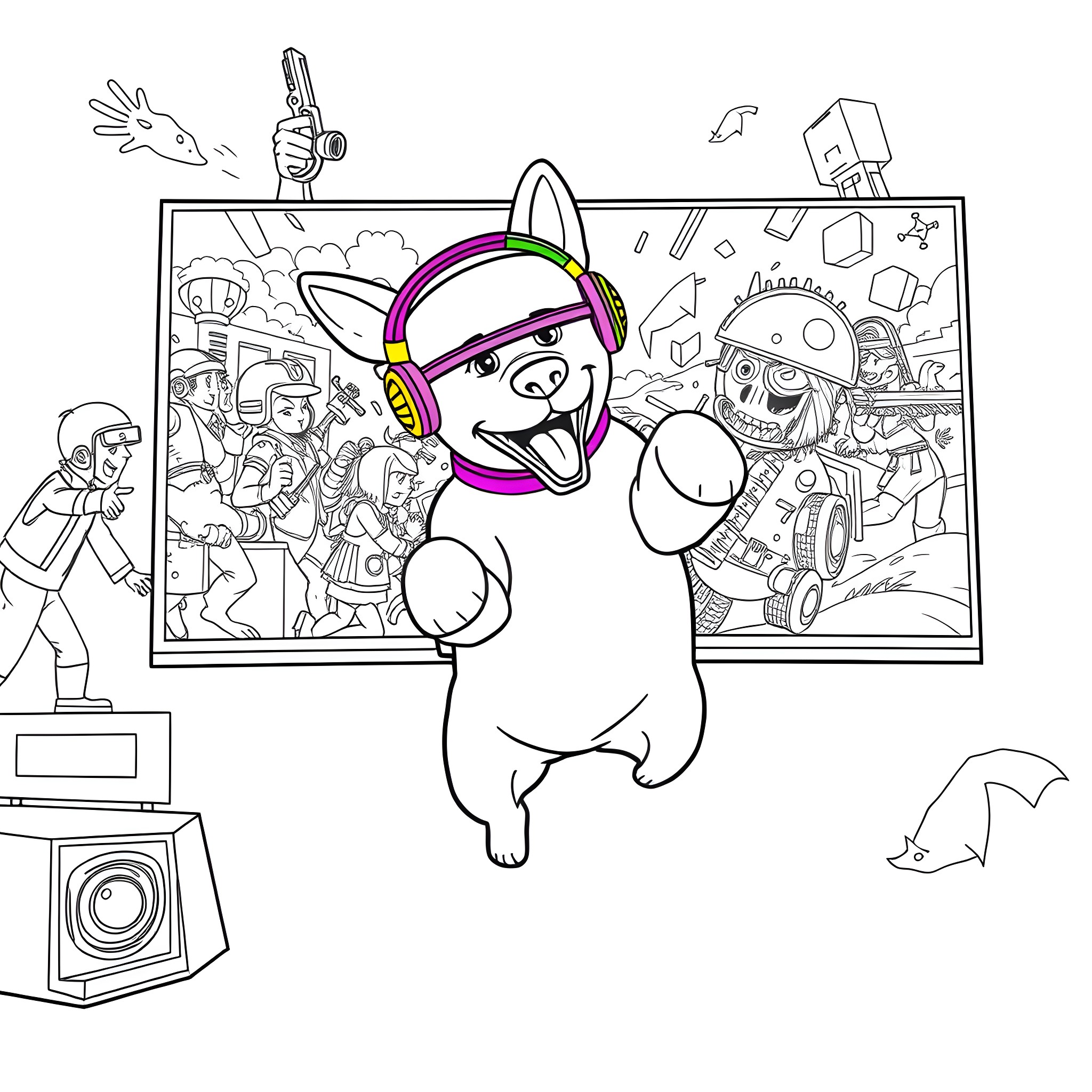 Dog Enjoying the Lively Cartoon Scene Coloring Page (free black-and-white line drawing printable PDF for all, from beginners to advanced learners, including children, teens, adults, and seniors)
