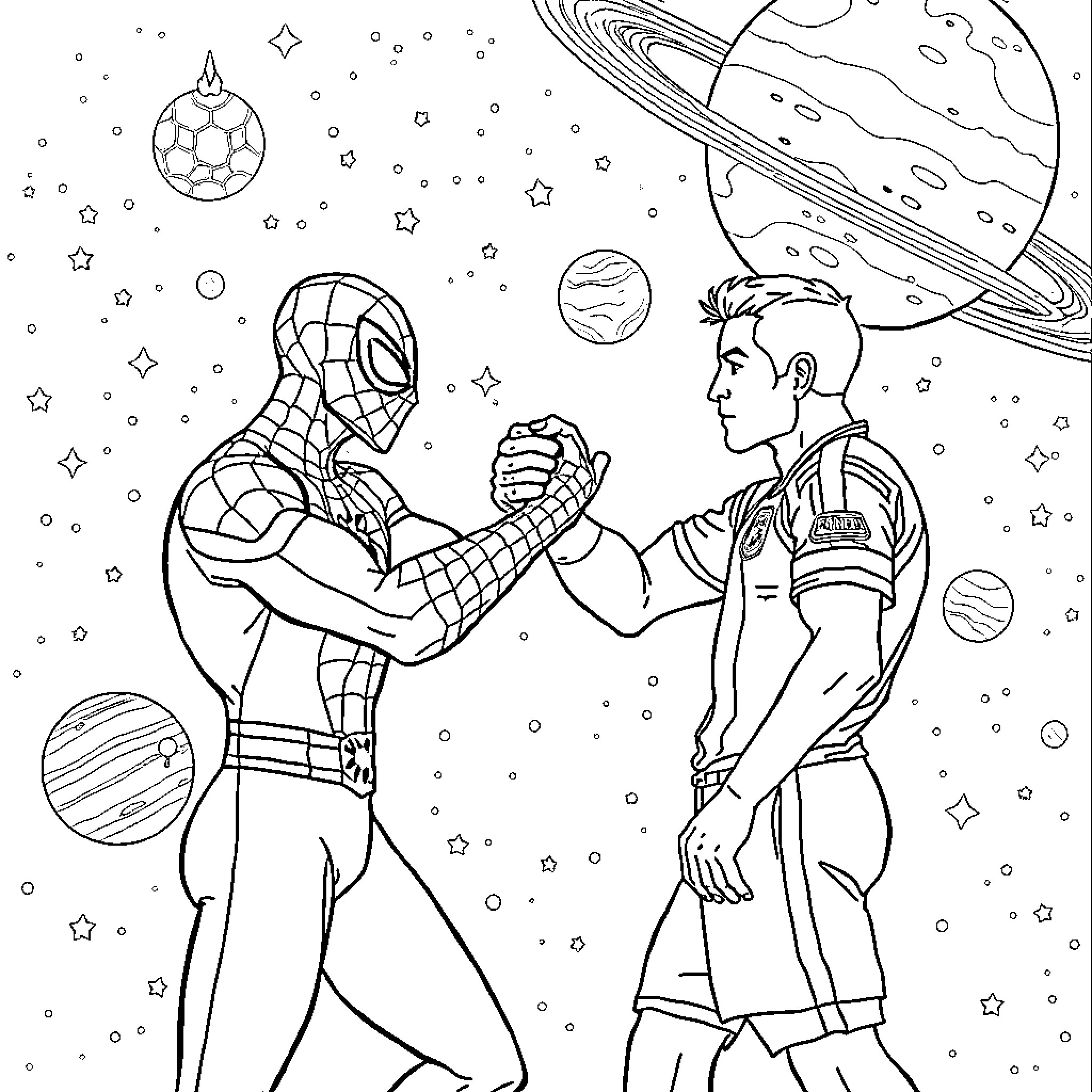 Spiderman Meets Astronaut in Cosmic Space Adventure Coloring Page (free black-and-white line drawing printable PDF for all, from beginners to advanced learners, including children, teens, adults, and seniors)