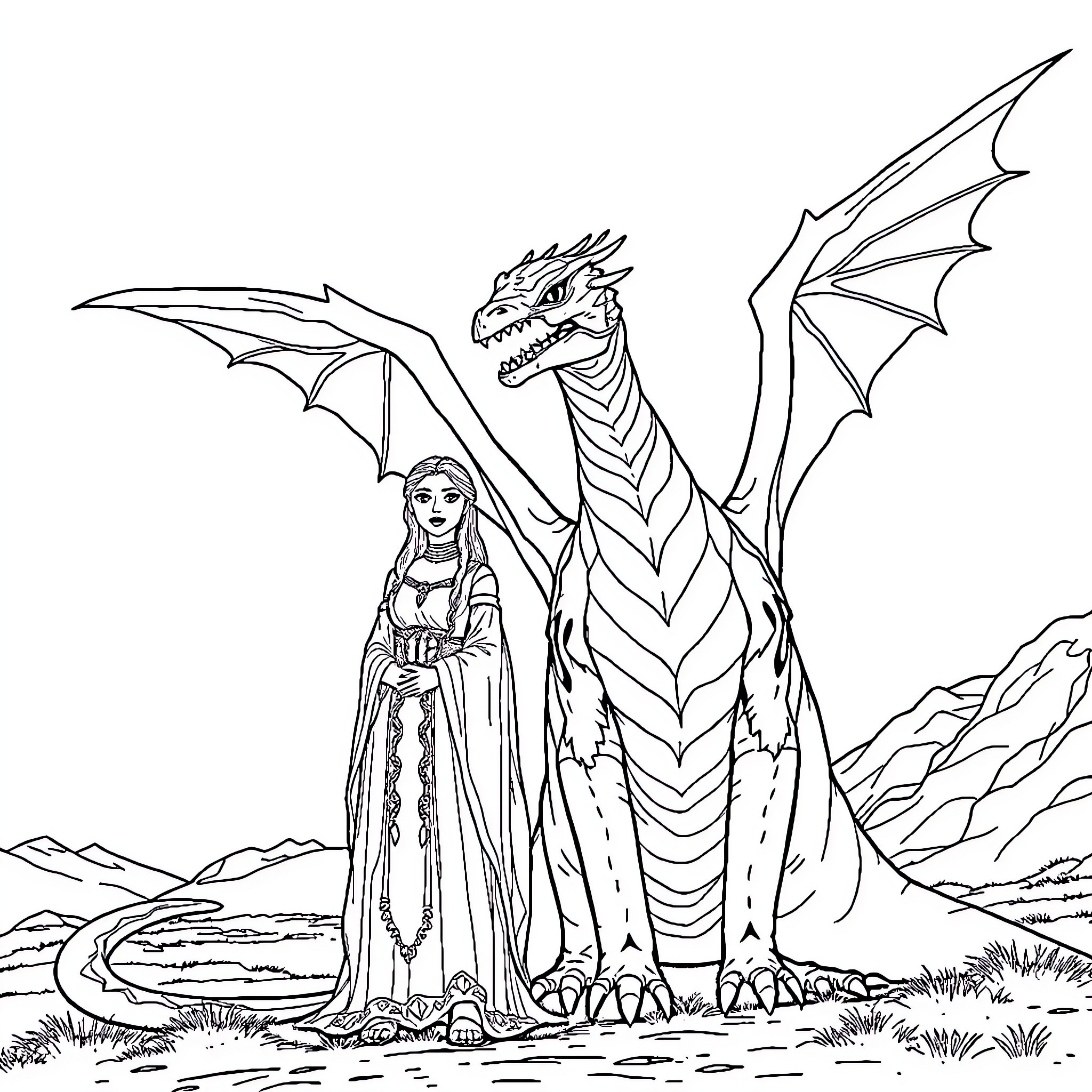 Daenerys and her majestic dragon in the landscape Coloring Page (free black-and-white line drawing printable PDF for all, from beginners to advanced learners, including children, teens, adults, and seniors)