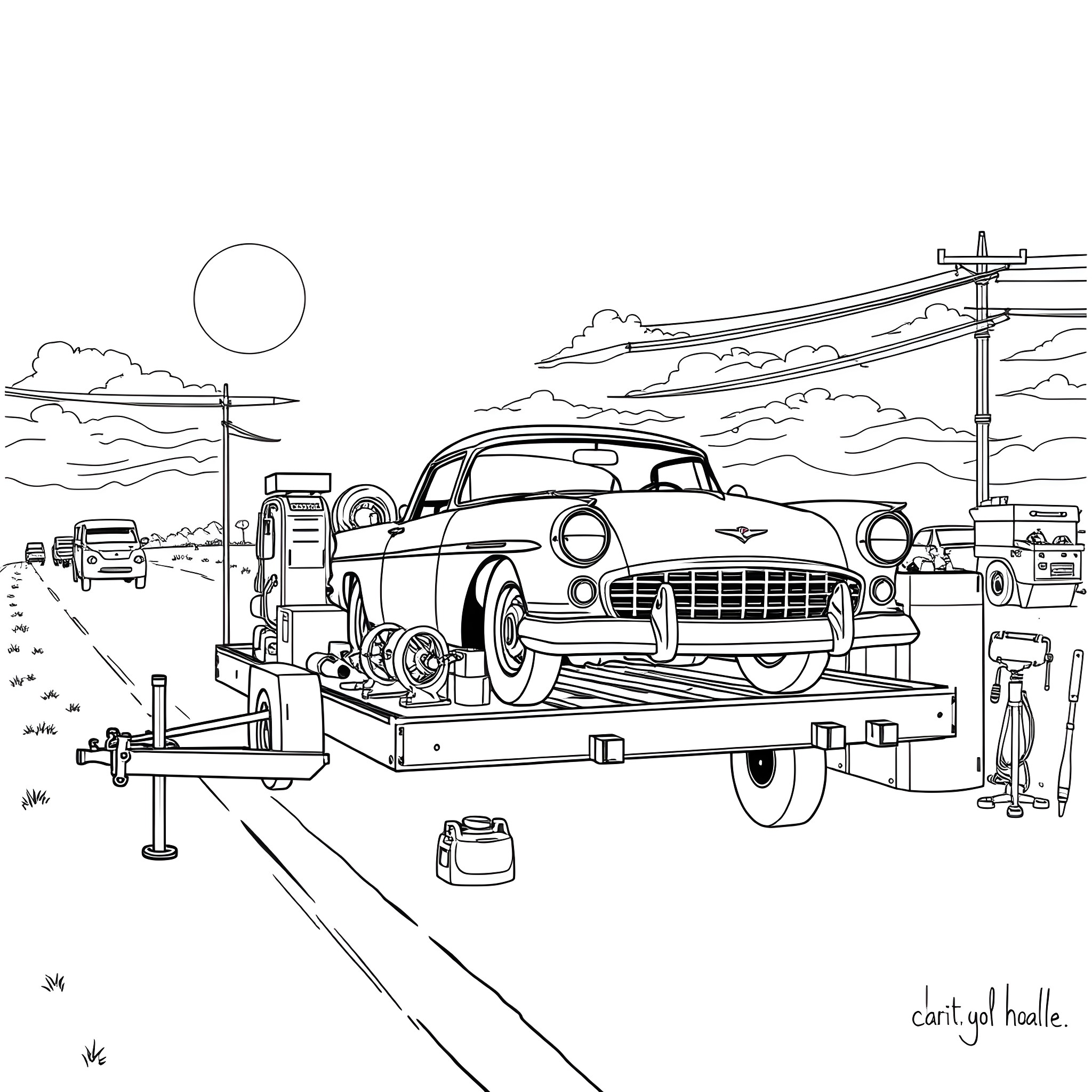 Classic Car being serviced at a rural gas station Coloring Page (free black-and-white line drawing printable PDF for all, from beginners to advanced learners, including children, teens, adults, and seniors)