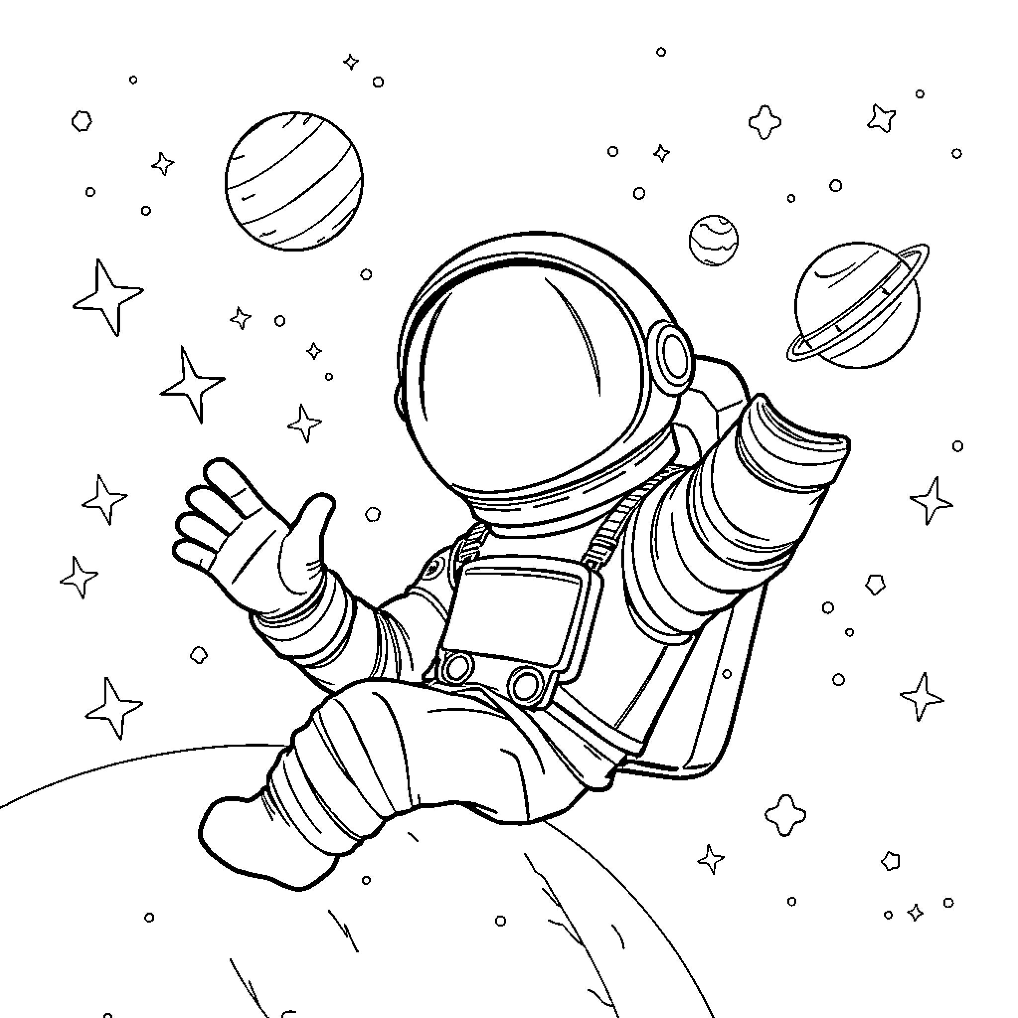 Astronaut exploring the wonders of space Coloring Page (free black-and-white line drawing printable PDF for all, from beginners to advanced learners, including children, teens, adults, and seniors)