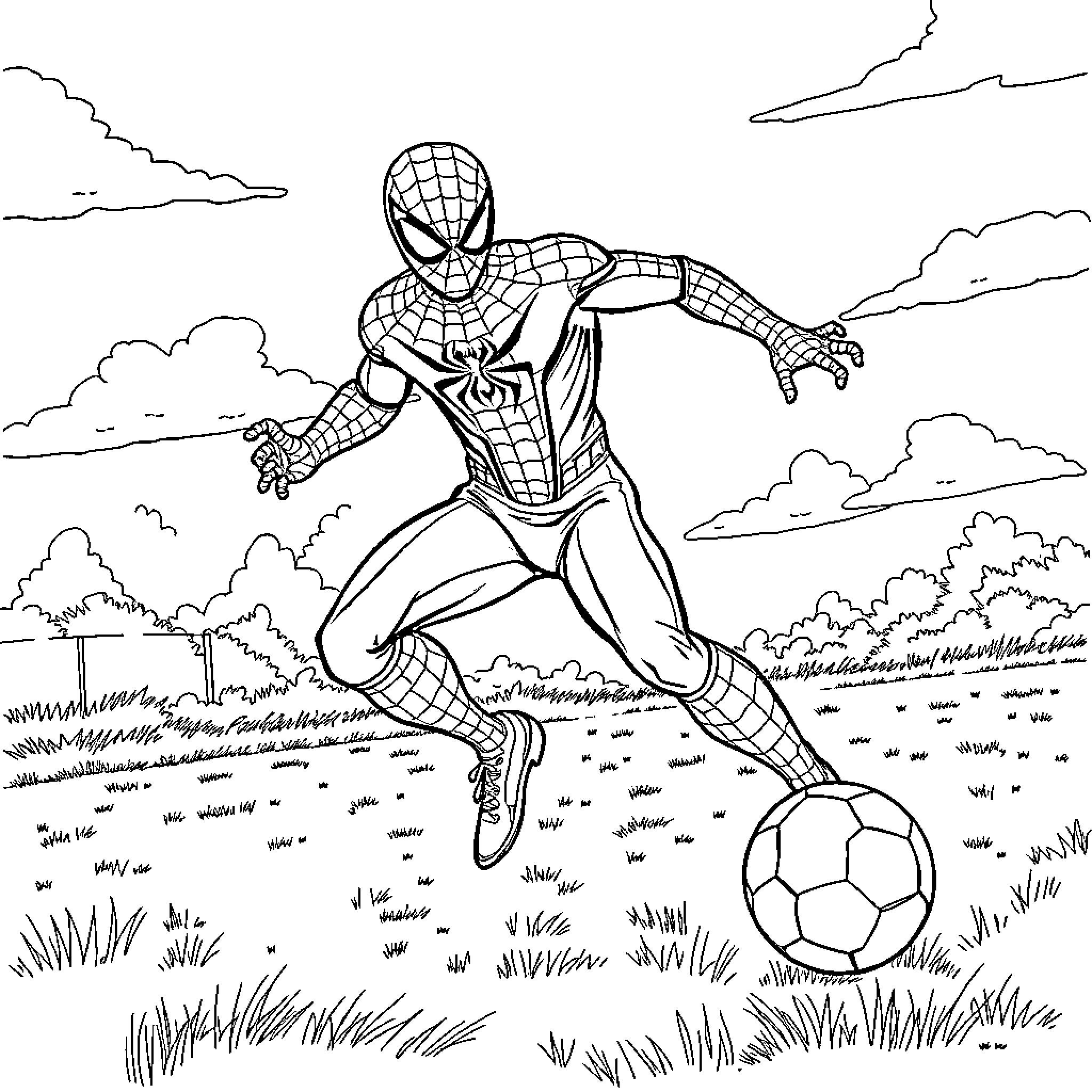 Spider-Man playing soccer in an outdoor field Coloring Page (free black-and-white line drawing printable PDF for all, from beginners to advanced learners, including children, teens, adults, and seniors)