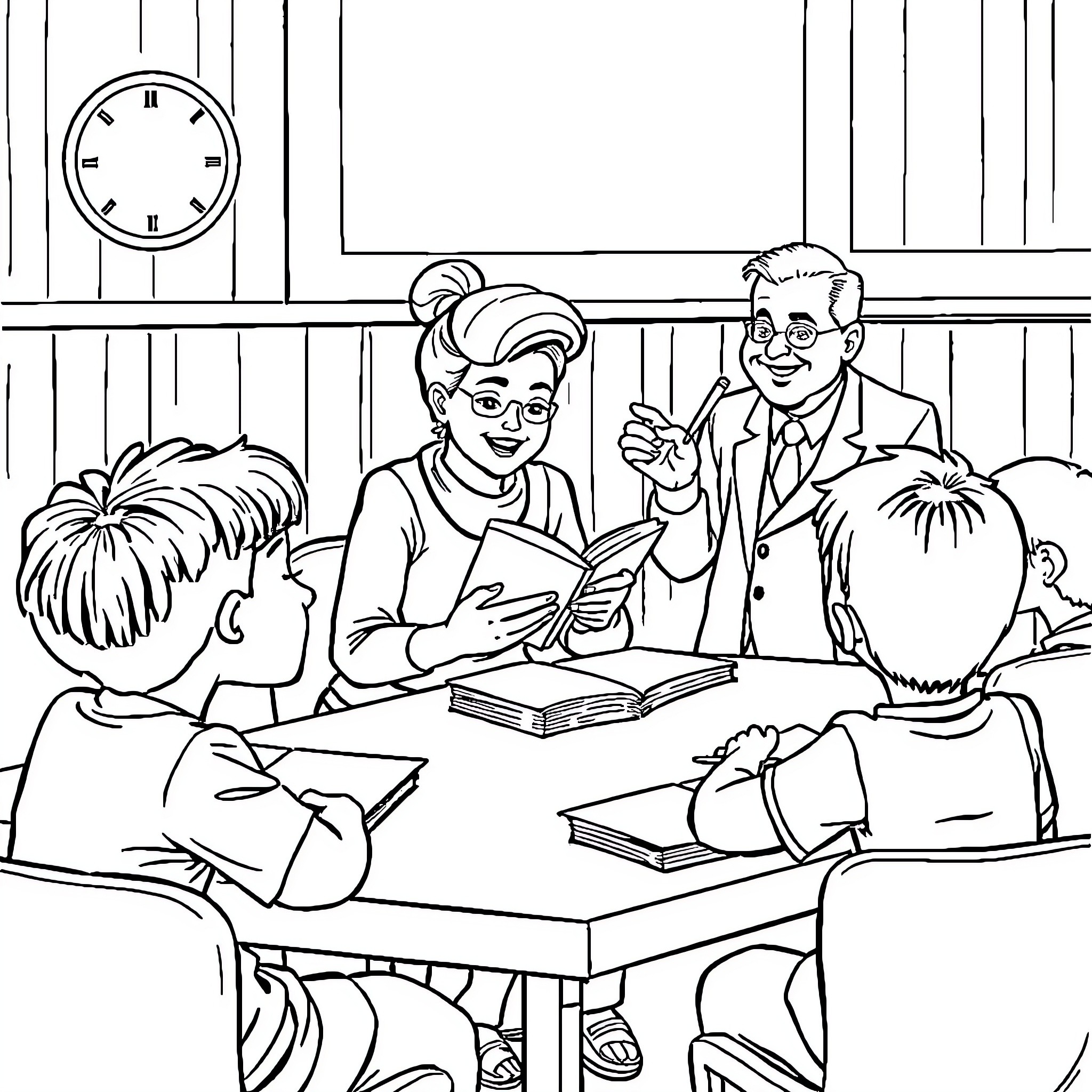 Bobbie Goods' Educational Discussion in the Classroom Coloring Page (free black-and-white line drawing printable PDF for all, from beginners to advanced learners, including children, teens, adults, and seniors)