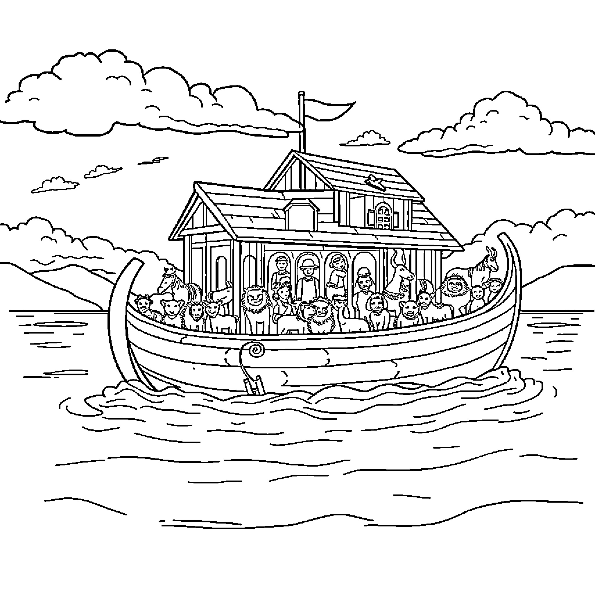 Noah's Ark Carrying Animals and People at Sea Coloring Page (free black-and-white line drawing printable PDF for all, from beginners to advanced learners, including children, teens, adults, and seniors)