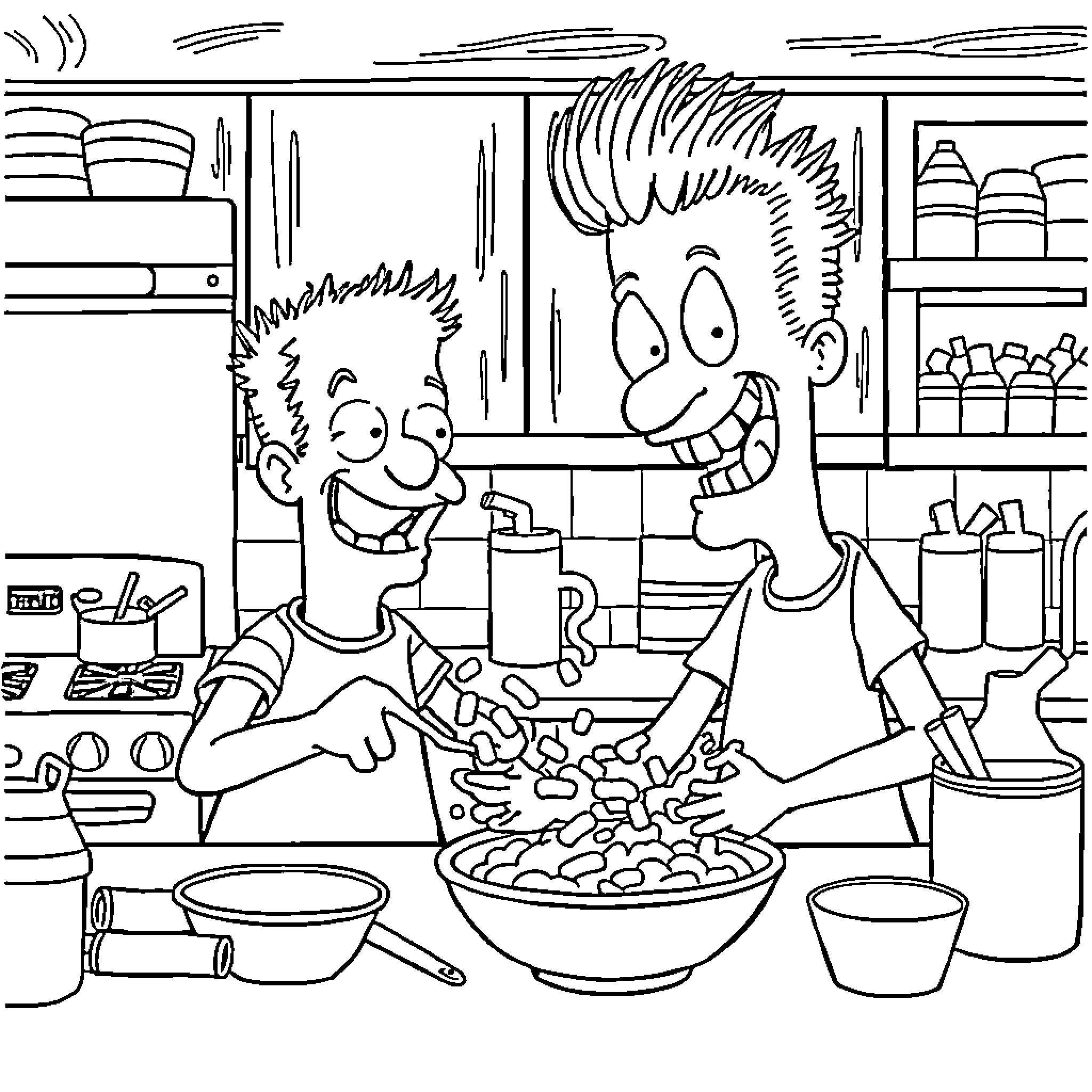 Beavis and Butthead Cooking Up a Storm Coloring Page (free black-and-white line drawing printable PDF for all, from beginners to advanced learners, including children, teens, adults, and seniors)