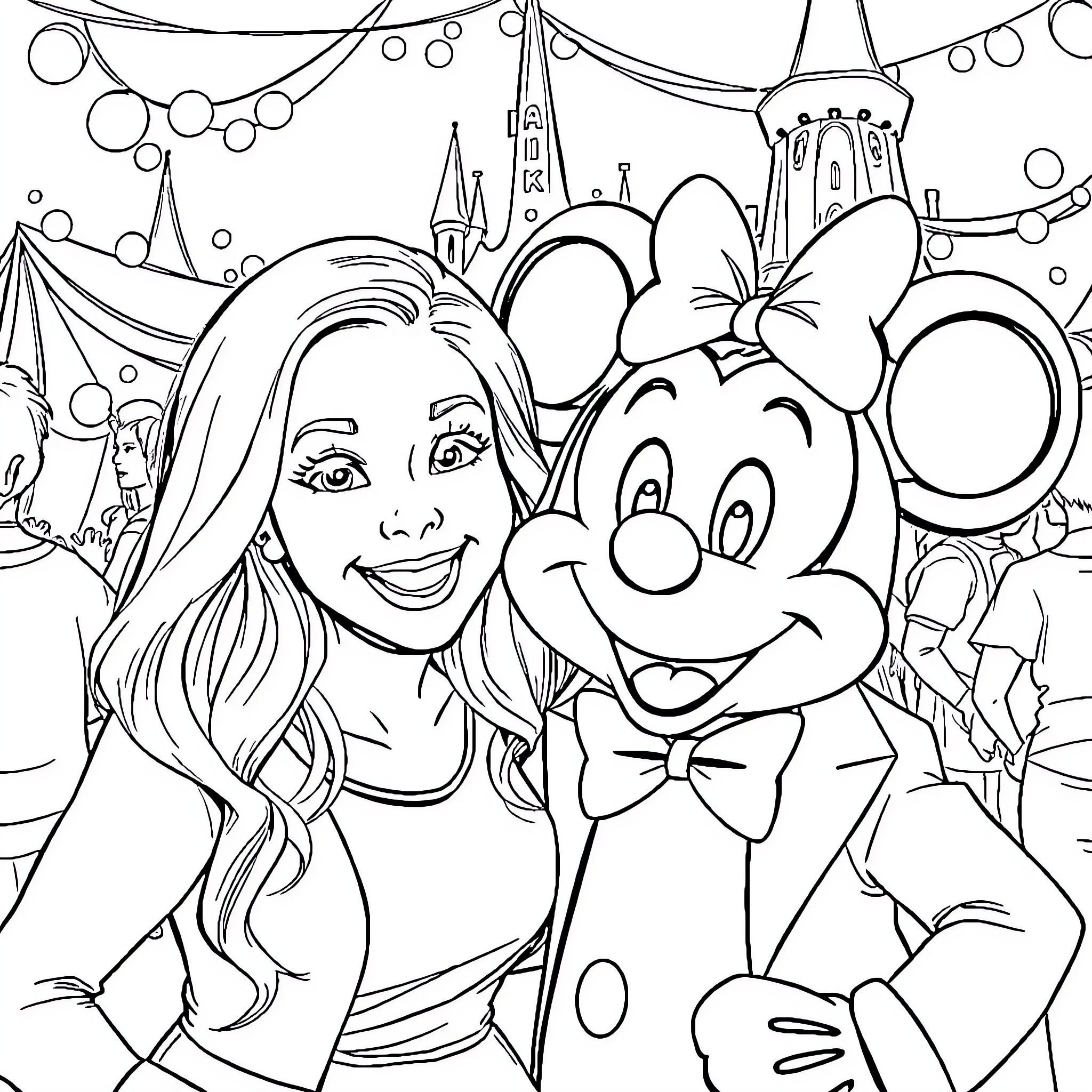 Sabrina Carpenter posing with a cartoon character at a theme park Coloring Page (free black-and-white line drawing printable PDF for all, from beginners to advanced learners, including children, teens, adults, and seniors)