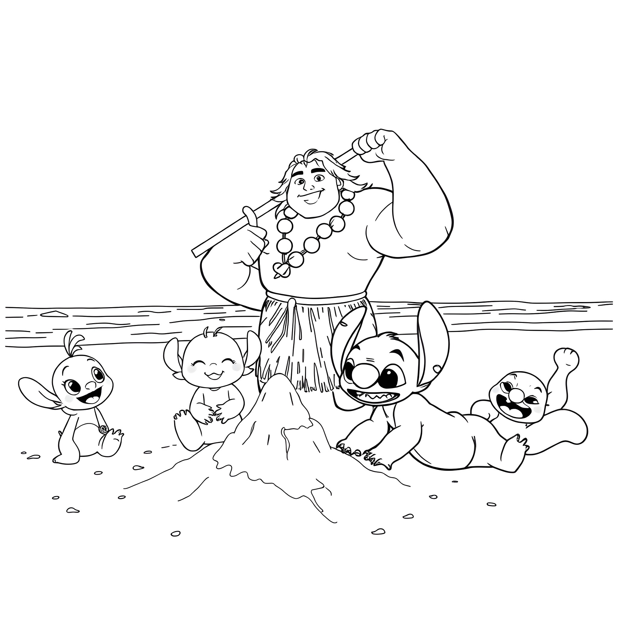 Bluey and friends playing on the beach Coloring Page (free black-and-white line drawing printable PDF for all, from beginners to advanced learners, including children, teens, adults, and seniors)