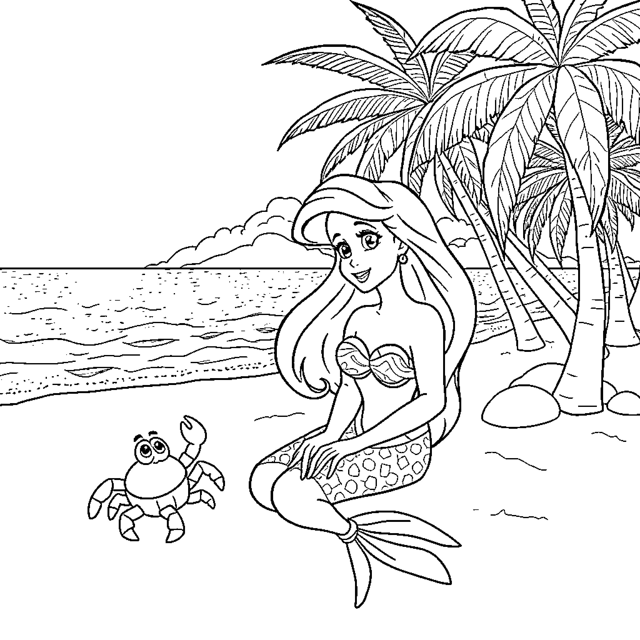 Ariel exploring the tropical beach with sea creatures Coloring Page (free black-and-white line drawing printable PDF for all, from beginners to advanced learners, including children, teens, adults, and seniors)