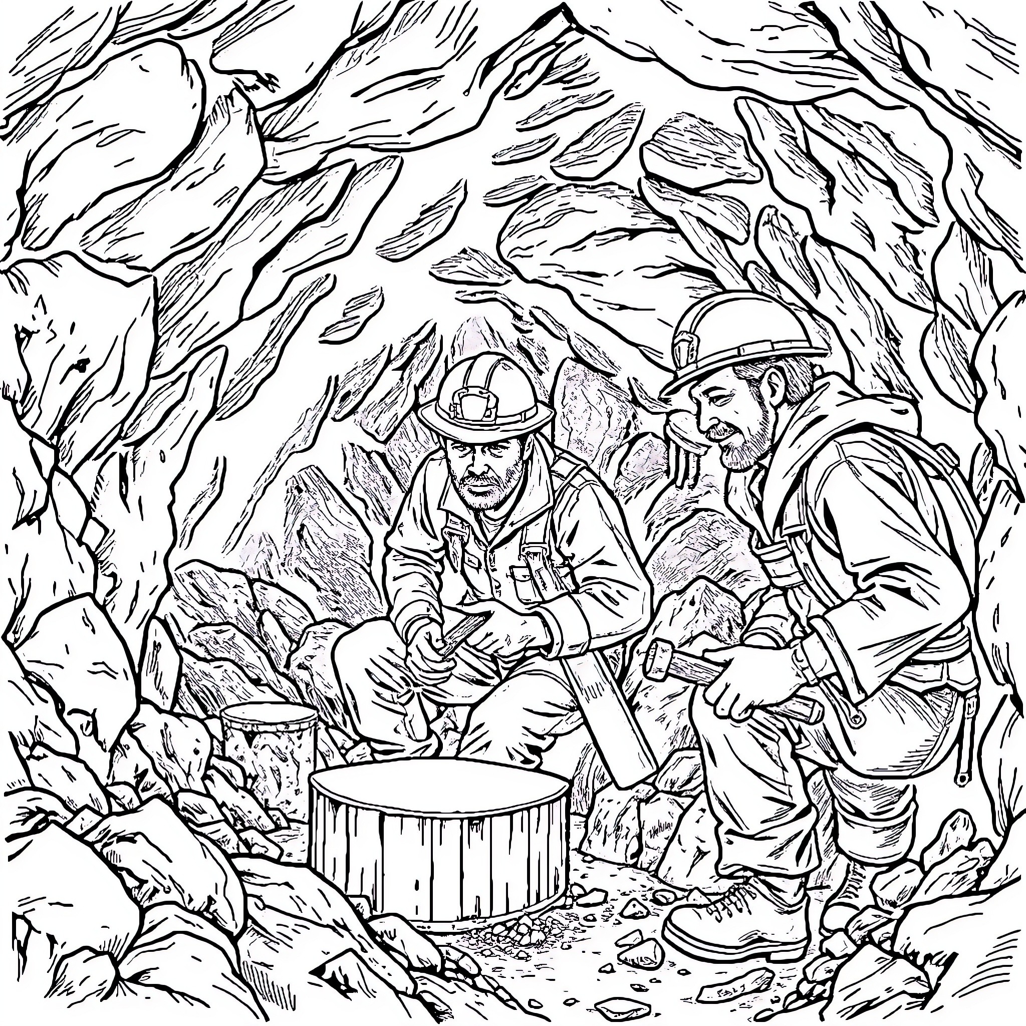 Miners Working Diligently in the Cave Coloring Page (free black-and-white line drawing printable PDF for all, from beginners to advanced learners, including children, teens, adults, and seniors)