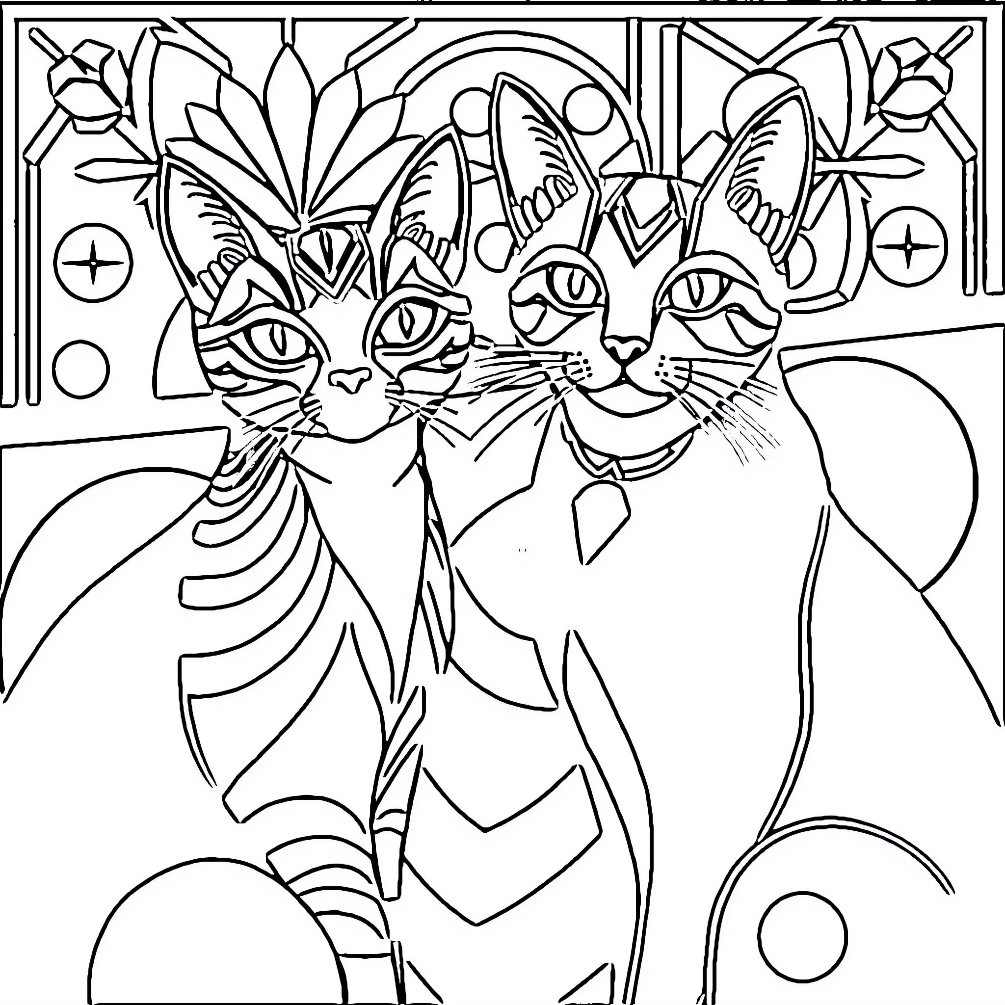 Cats in abstract floral pattern Coloring Page (free black-and-white line drawing printable PDF for all, from beginners to advanced learners, including children, teens, adults, and seniors)