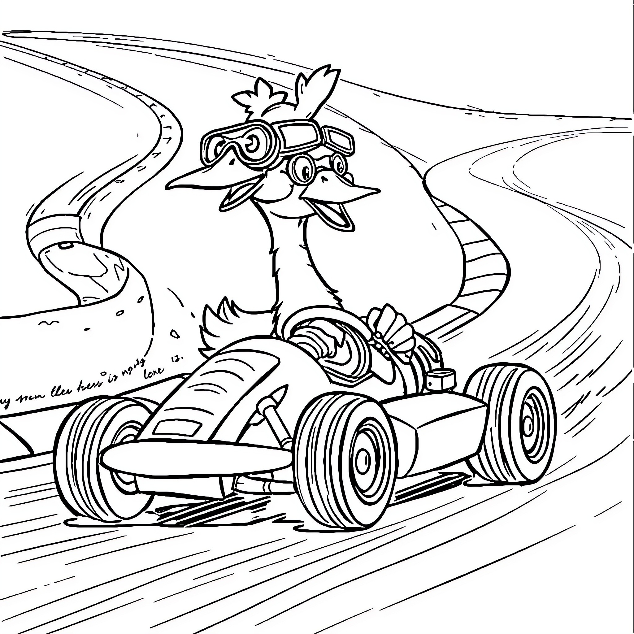 Goose racing on a winding track with speed Coloring Page (free black-and-white line drawing printable PDF for all, from beginners to advanced learners, including children, teens, adults, and seniors)